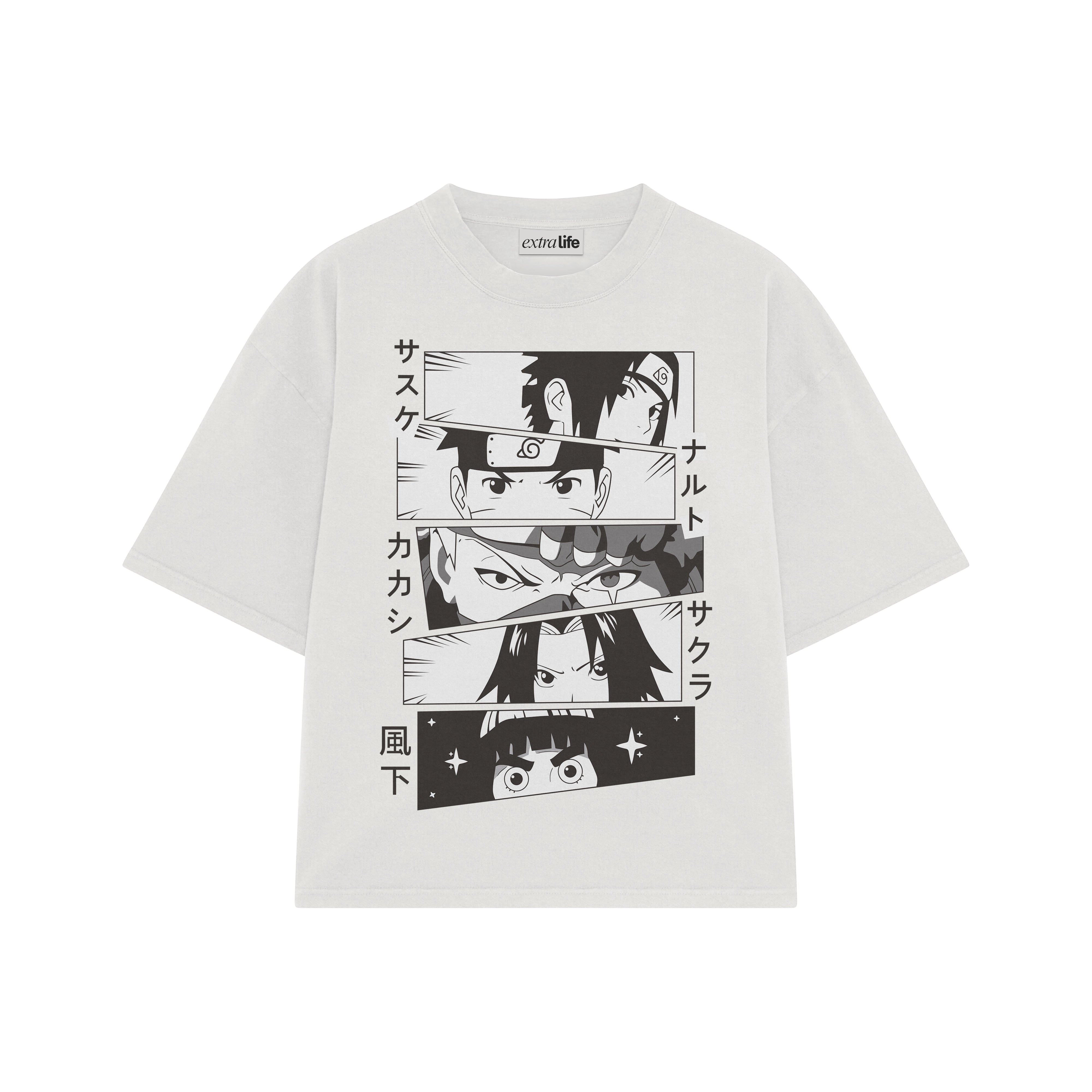 Playera streetwear premium de anime y gaming ExtraLife MX, corte boxy oversized drop shoulder heavyweight en color Deep Black y Off-White, moda urbana mexicana de culto.