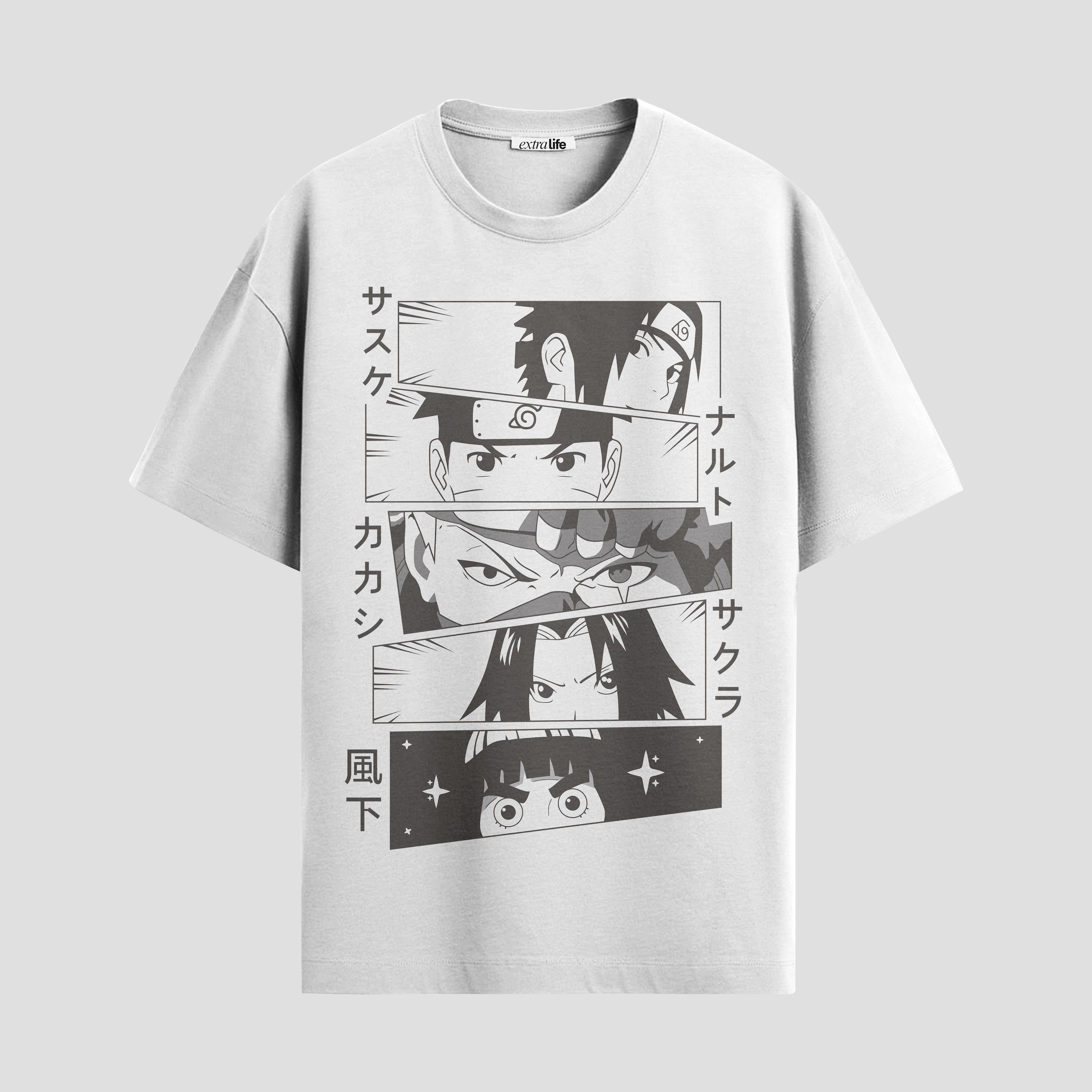 Playera urbana de anime y gaming ExtraLife MX, corte Standard Fit unisex ligero y transpirable en color Deep Black y Pure White, ropa de uso diario para gym y casual.