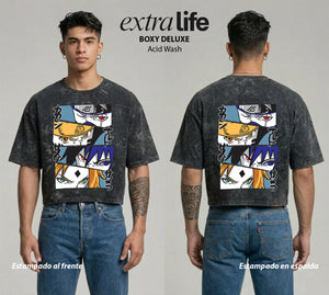 Playera streetwear premium de anime y gaming ExtraLife MX, corte boxy deluxe mineral wash heavyweight en color Acid Wash, moda urbana mexicana de culto.