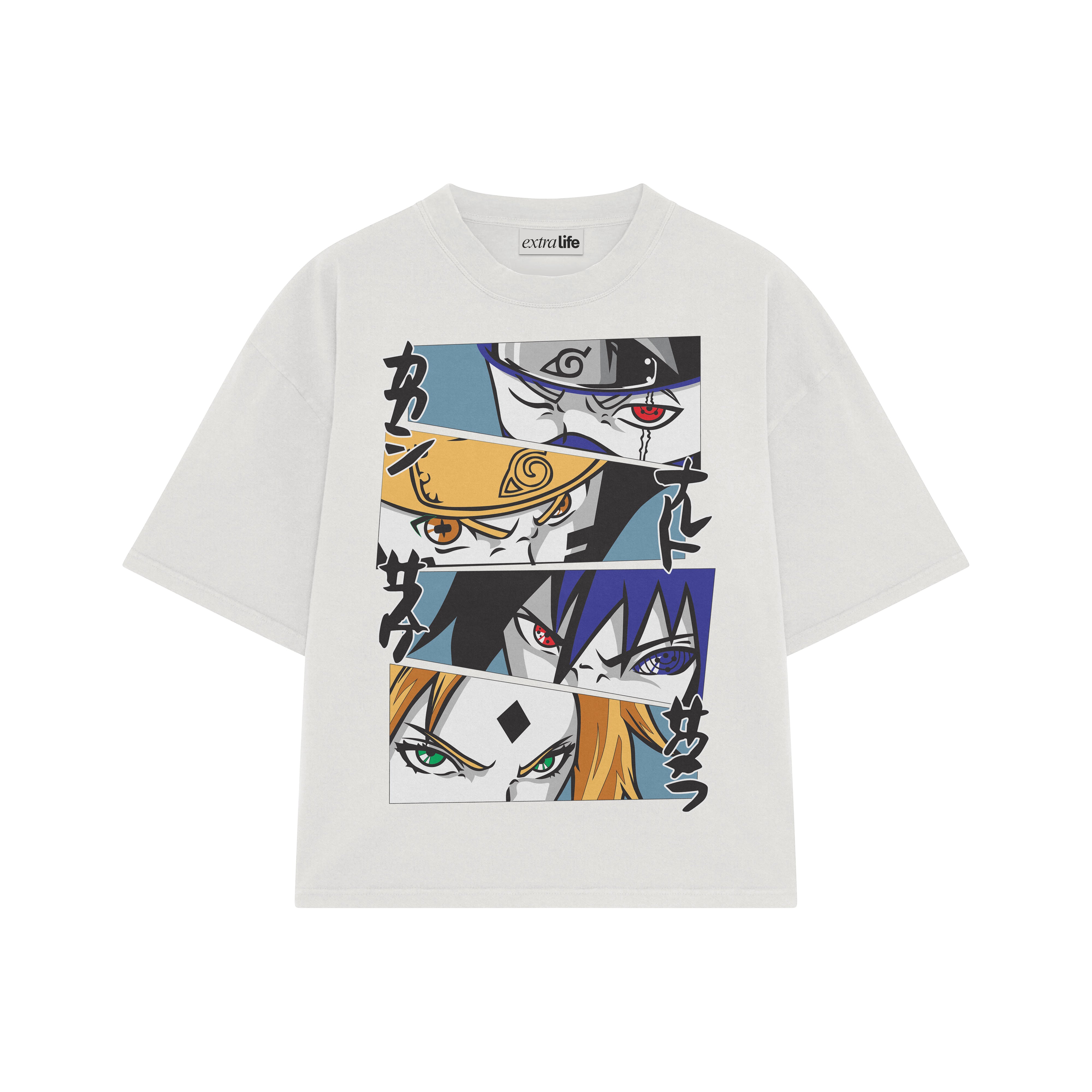 Playera streetwear premium de anime y gaming ExtraLife MX, corte boxy oversized drop shoulder heavyweight en color Deep Black y Off-White, moda urbana mexicana de culto.
