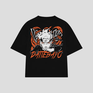 Playera streetwear premium de anime y gaming ExtraLife MX, corte boxy oversized drop shoulder heavyweight en color Deep Black y Off-White, moda urbana mexicana de culto.
