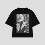 Playera streetwear premium de anime y gaming ExtraLife MX, corte boxy oversized drop shoulder heavyweight en color Deep Black y Off-White, moda urbana mexicana de culto.