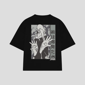 Playera streetwear premium de anime y gaming ExtraLife MX, corte boxy oversized drop shoulder heavyweight en color Deep Black y Off-White, moda urbana mexicana de culto.