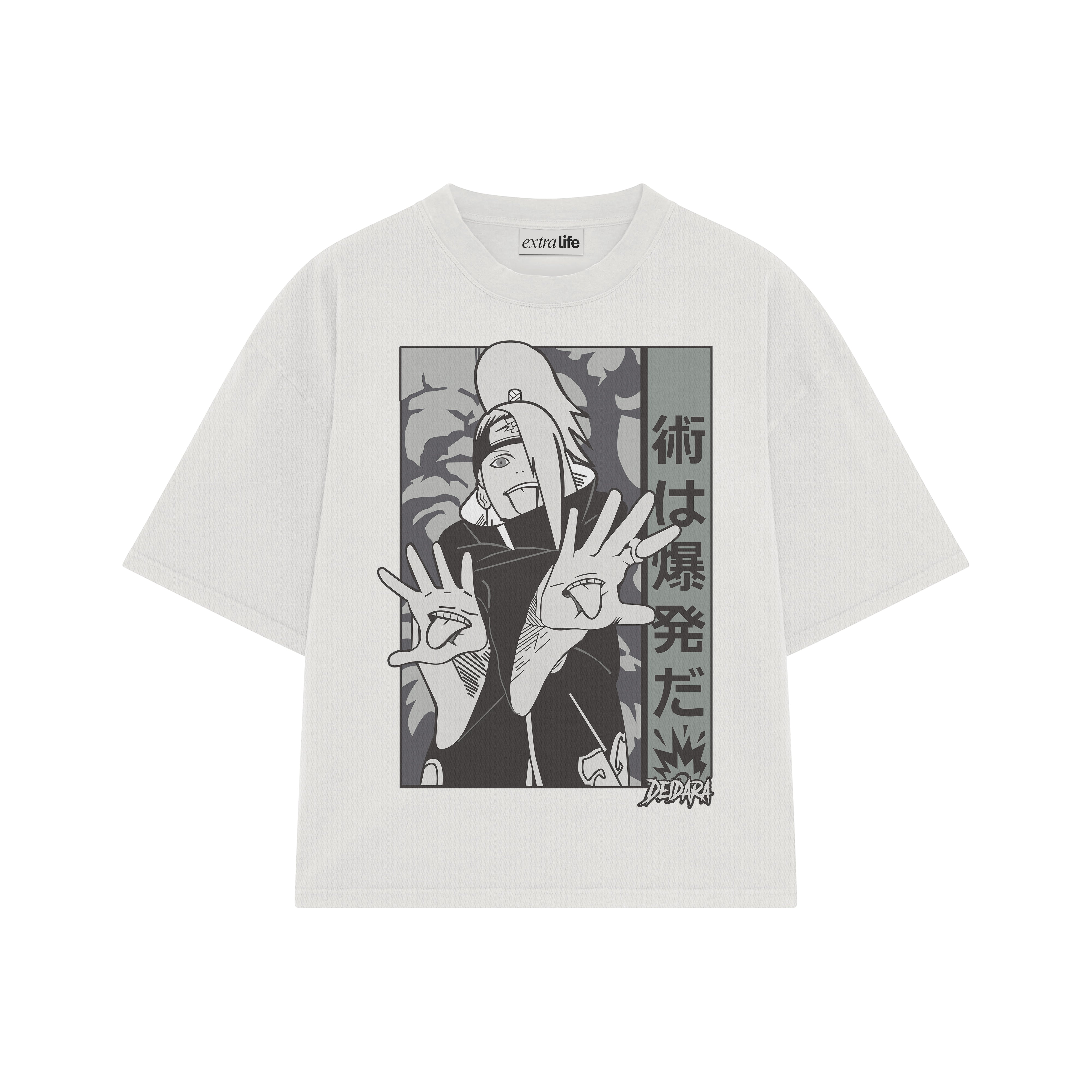 Playera streetwear premium de anime y gaming ExtraLife MX, corte boxy oversized drop shoulder heavyweight en color Deep Black y Off-White, moda urbana mexicana de culto.