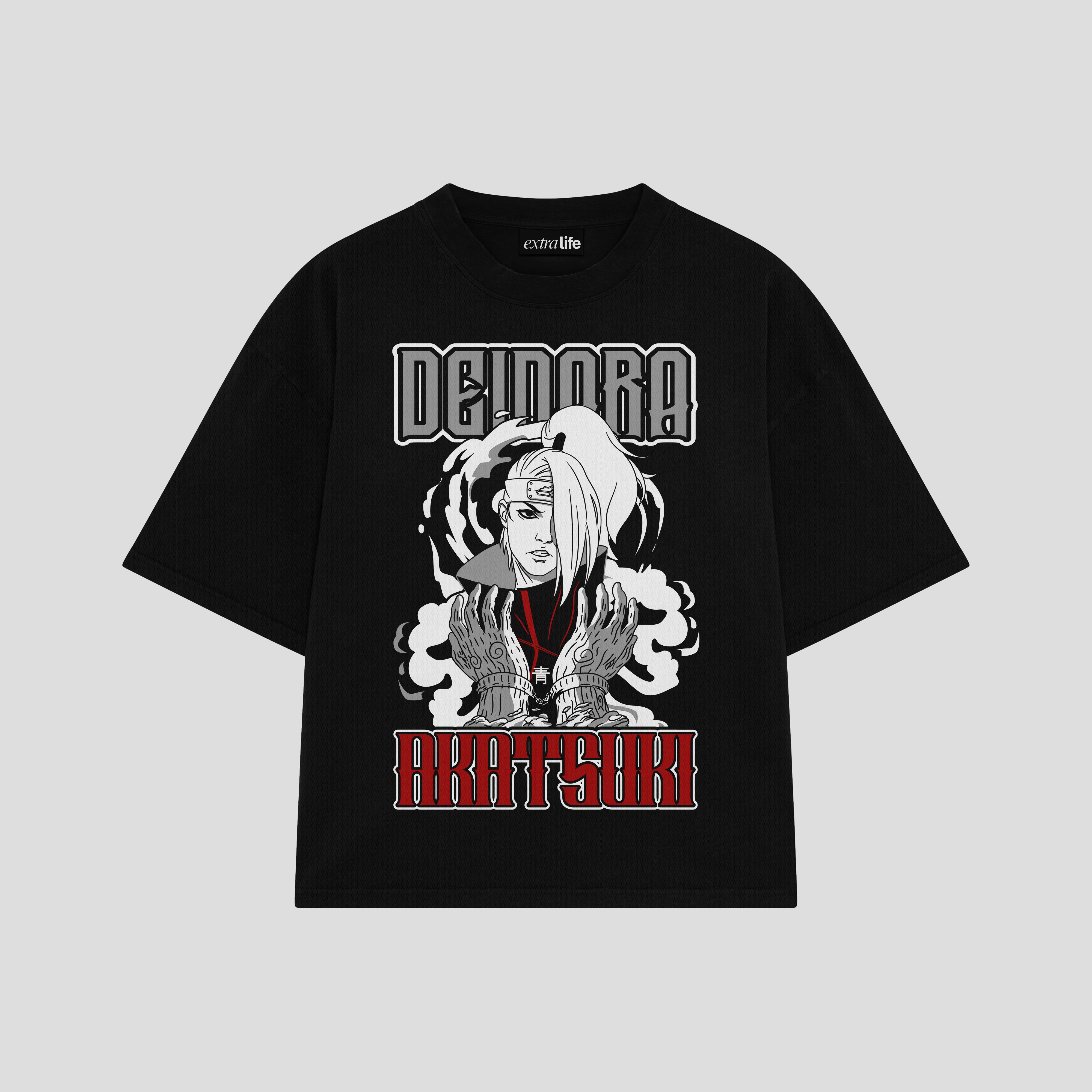 Playera streetwear premium de anime y gaming ExtraLife MX, corte boxy oversized drop shoulder heavyweight en color Deep Black y Off-White, moda urbana mexicana de culto.