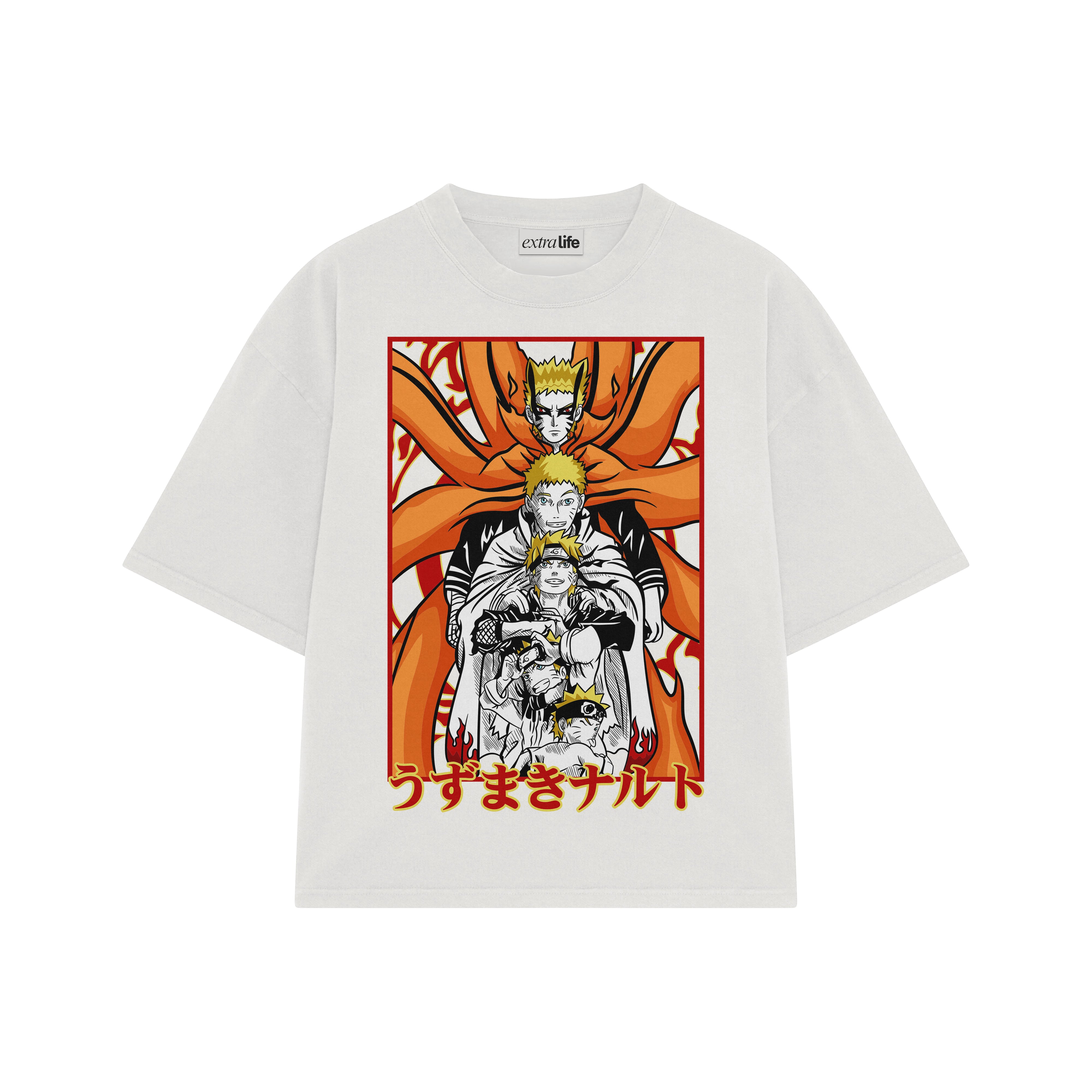 Playera streetwear premium de anime y gaming ExtraLife MX, corte boxy oversized drop shoulder heavyweight en color Deep Black y Off-White, moda urbana mexicana de culto.
