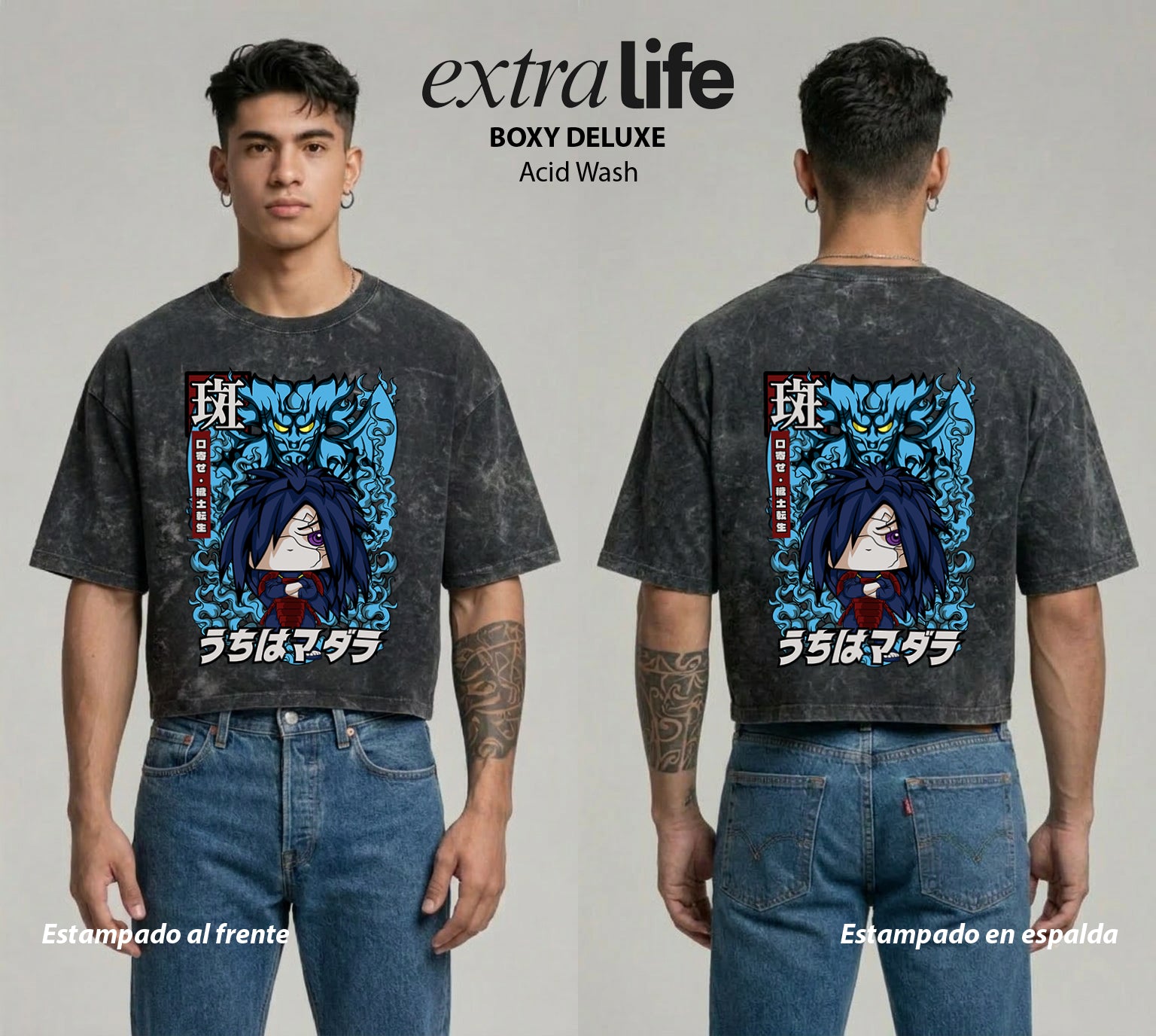 Playera streetwear premium de anime y gaming ExtraLife MX, corte boxy deluxe mineral wash heavyweight en color Acid Wash, moda urbana mexicana de culto.
