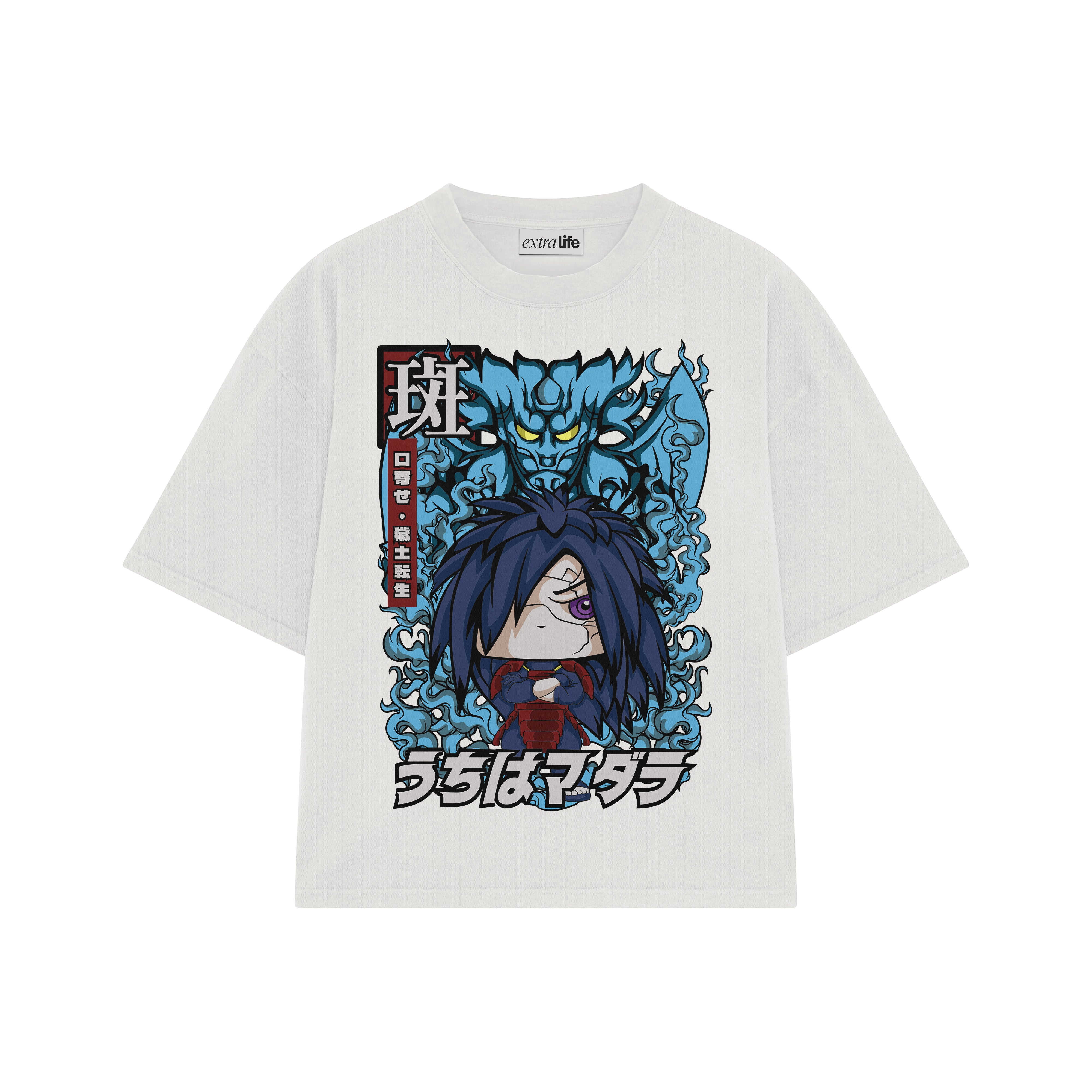 Playera streetwear premium de anime y gaming ExtraLife MX, corte boxy oversized drop shoulder heavyweight en color Deep Black y Off-White, moda urbana mexicana de culto.