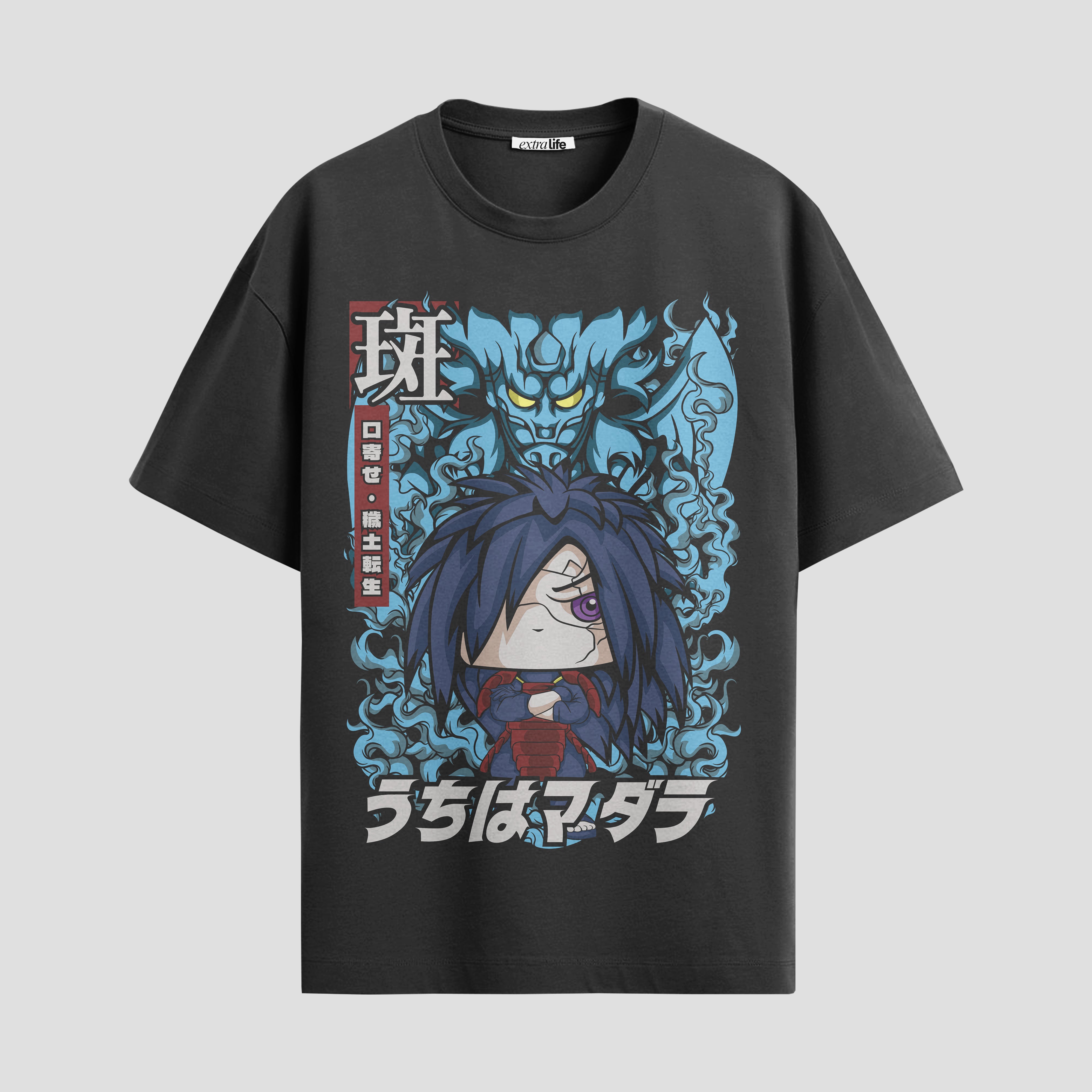 Playera urbana de anime y gaming ExtraLife MX, corte Standard Fit unisex ligero y transpirable en color Deep Black y Pure White, ropa de uso diario para gym y casual.