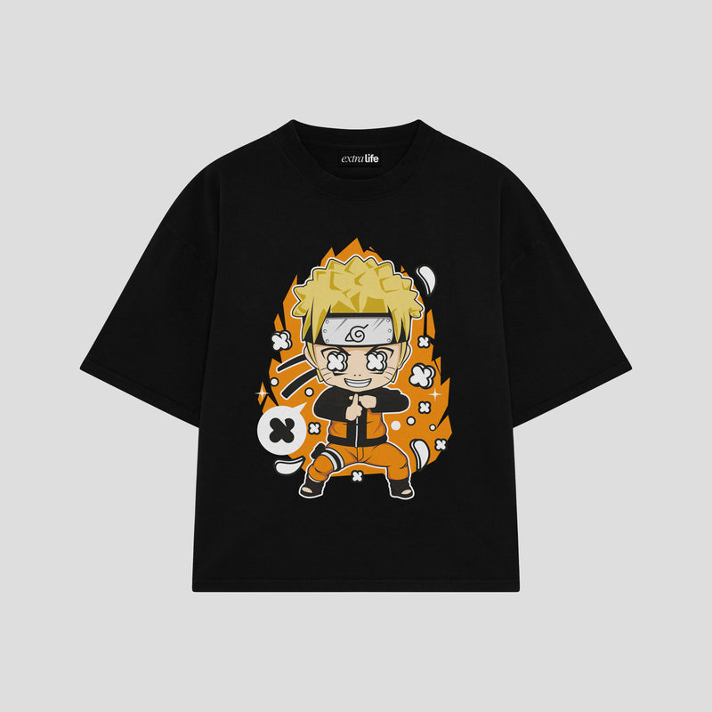 Playera streetwear premium de anime y gaming ExtraLife MX, corte boxy oversized drop shoulder heavyweight en color Deep Black y Off-White, moda urbana mexicana de culto.