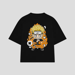 Playera streetwear premium de anime y gaming ExtraLife MX, corte boxy oversized drop shoulder heavyweight en color Deep Black y Off-White, moda urbana mexicana de culto.