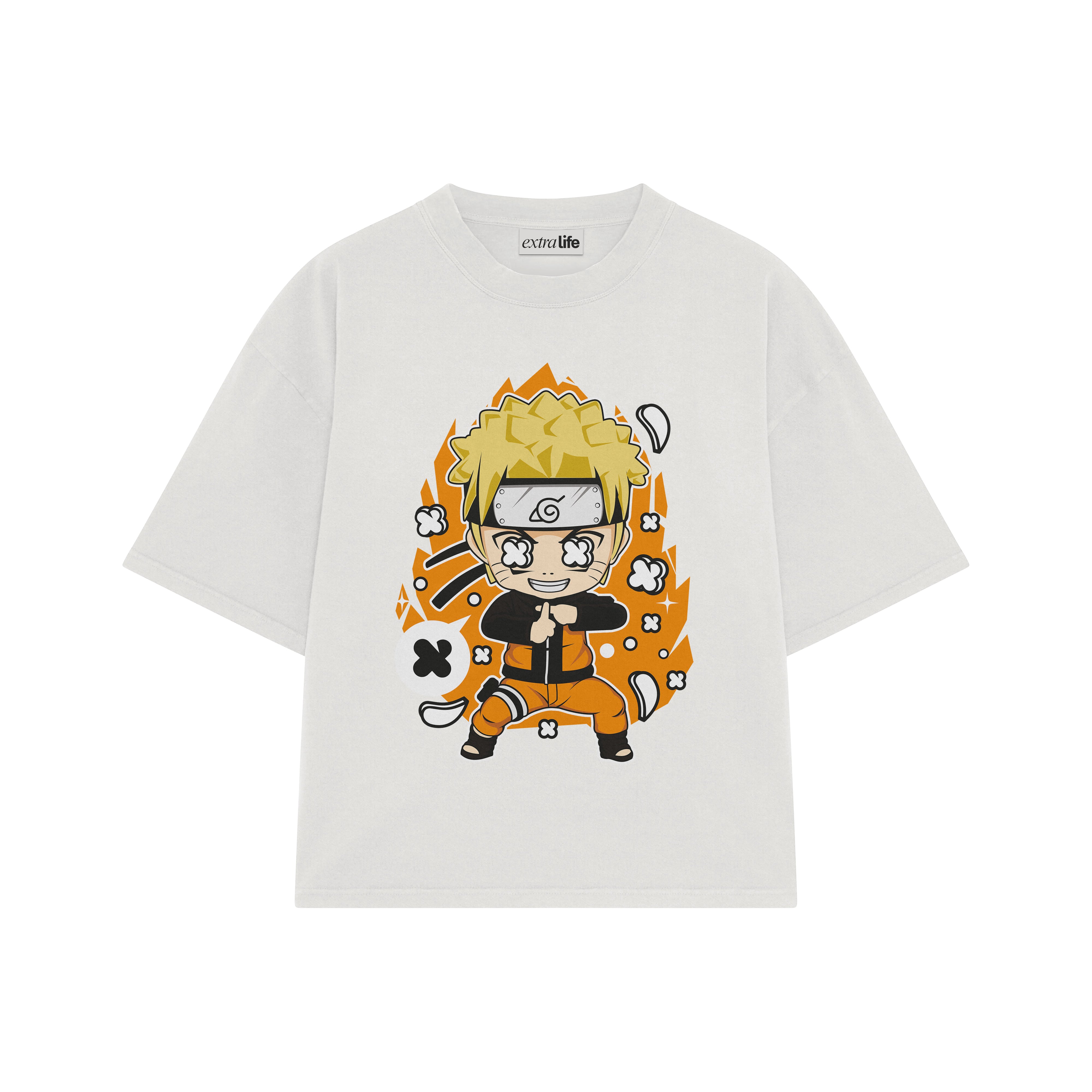 Playera streetwear premium de anime y gaming ExtraLife MX, corte boxy oversized drop shoulder heavyweight en color Deep Black y Off-White, moda urbana mexicana de culto.