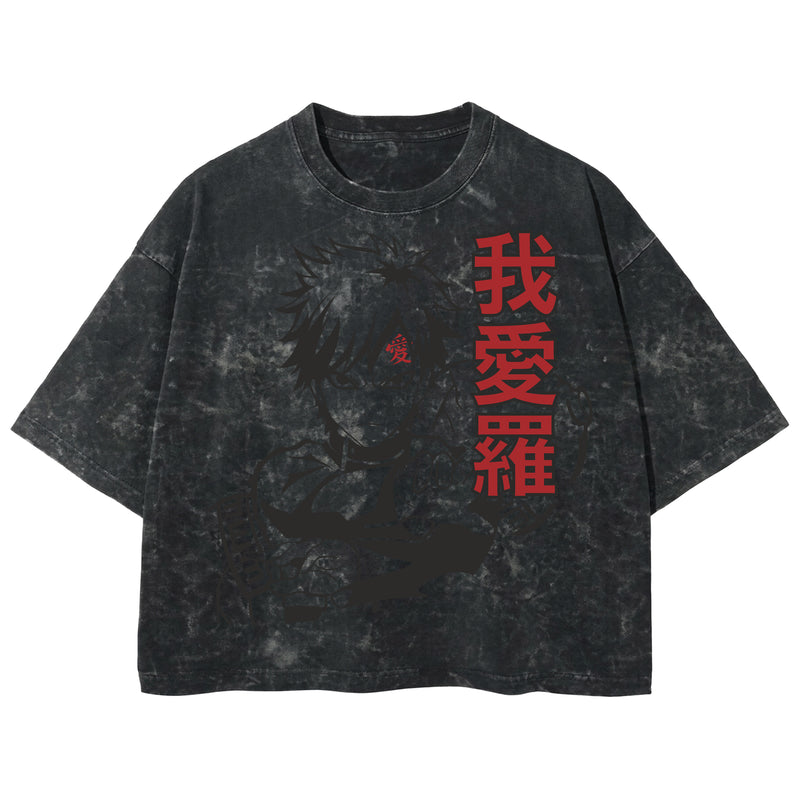 Playera streetwear premium de anime y gaming ExtraLife MX, corte boxy deluxe mineral wash heavyweight en color Acid Wash, moda urbana mexicana de culto.