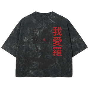 Playera streetwear premium de anime y gaming ExtraLife MX, corte boxy deluxe mineral wash heavyweight en color Acid Wash, moda urbana mexicana de culto.