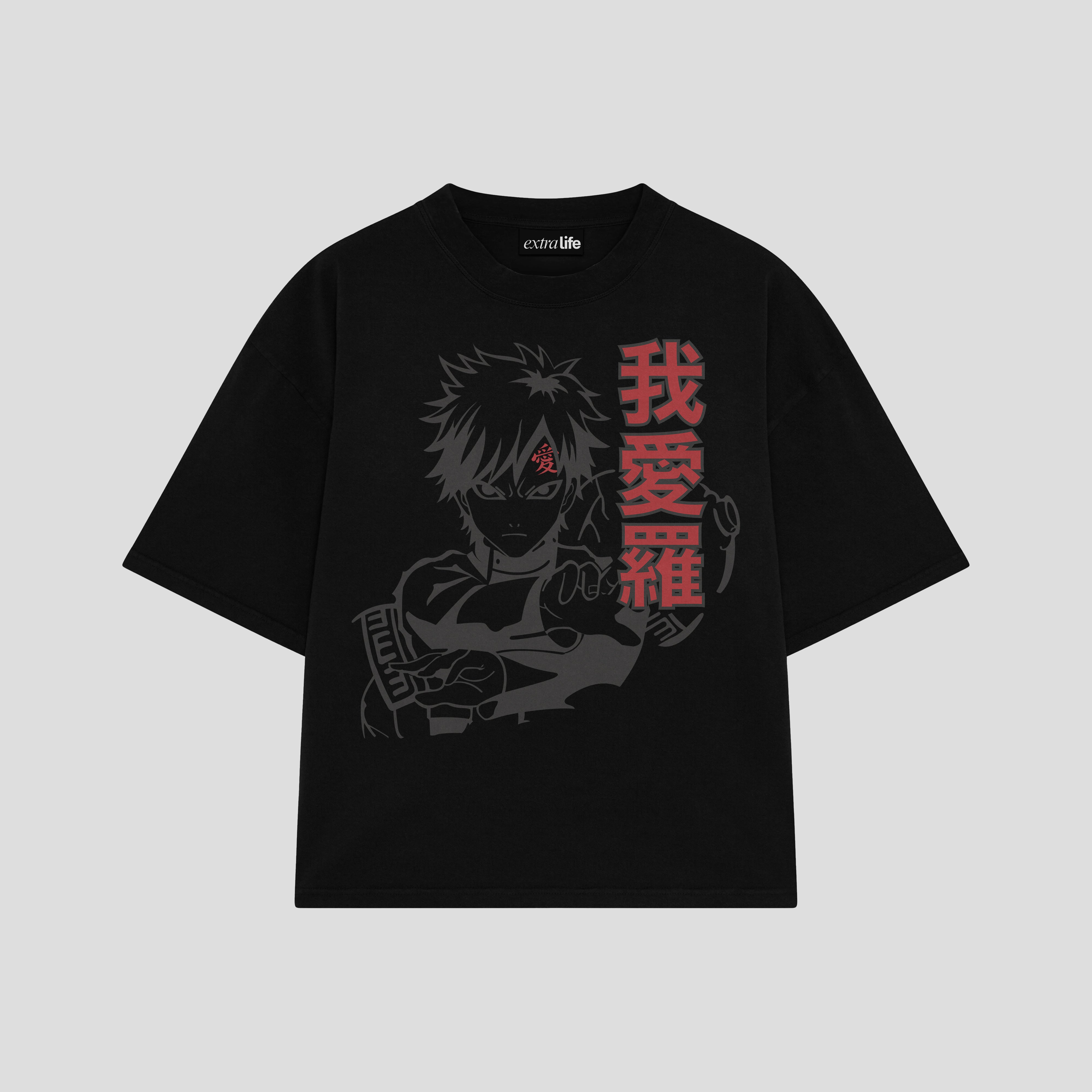 Playera streetwear premium de anime y gaming ExtraLife MX, corte boxy oversized drop shoulder heavyweight en color Deep Black y Off-White, moda urbana mexicana de culto.