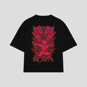 Playera streetwear premium de anime y gaming ExtraLife MX, corte boxy oversized drop shoulder heavyweight en color Deep Black y Off-White, moda urbana mexicana de culto.