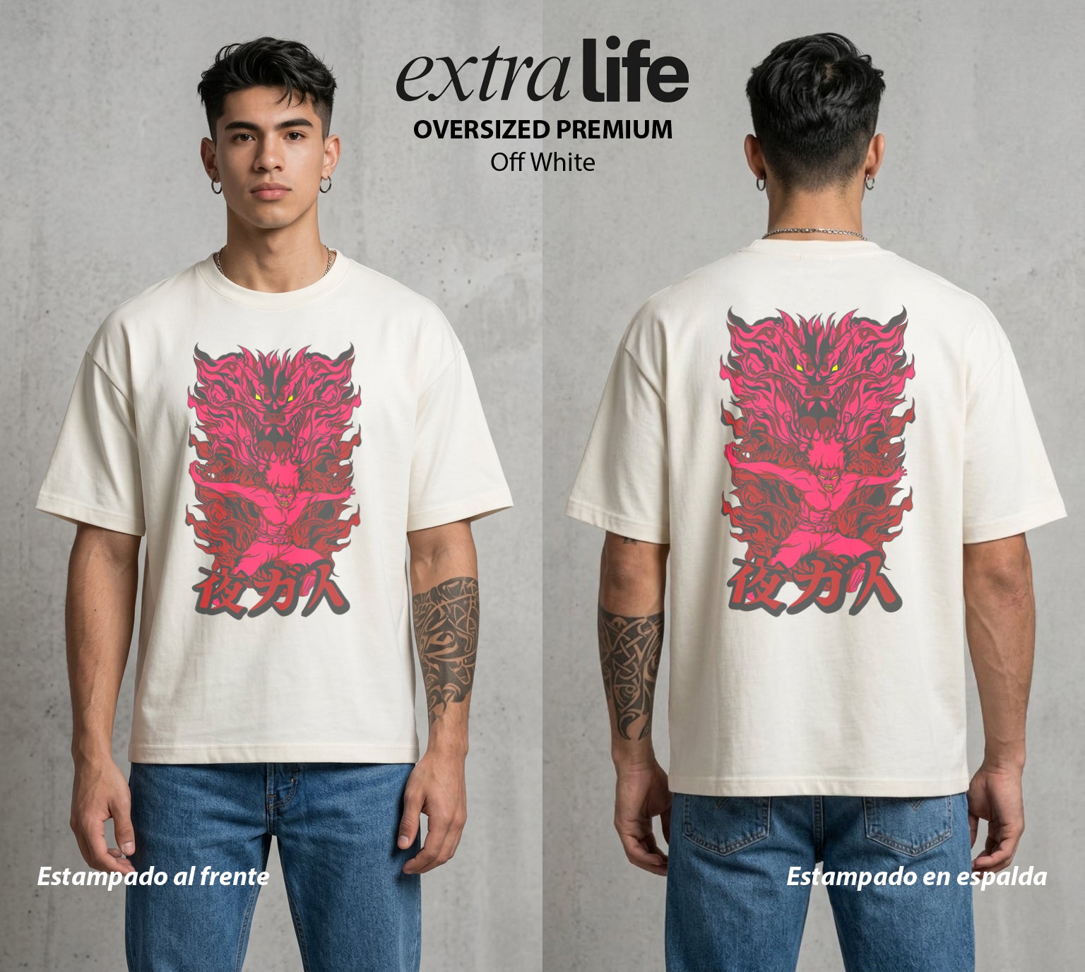La Aldea Oculta | Zorro de Nueve Colas #02768 - Playera Oversized Premium | Off White - Foto en modelo