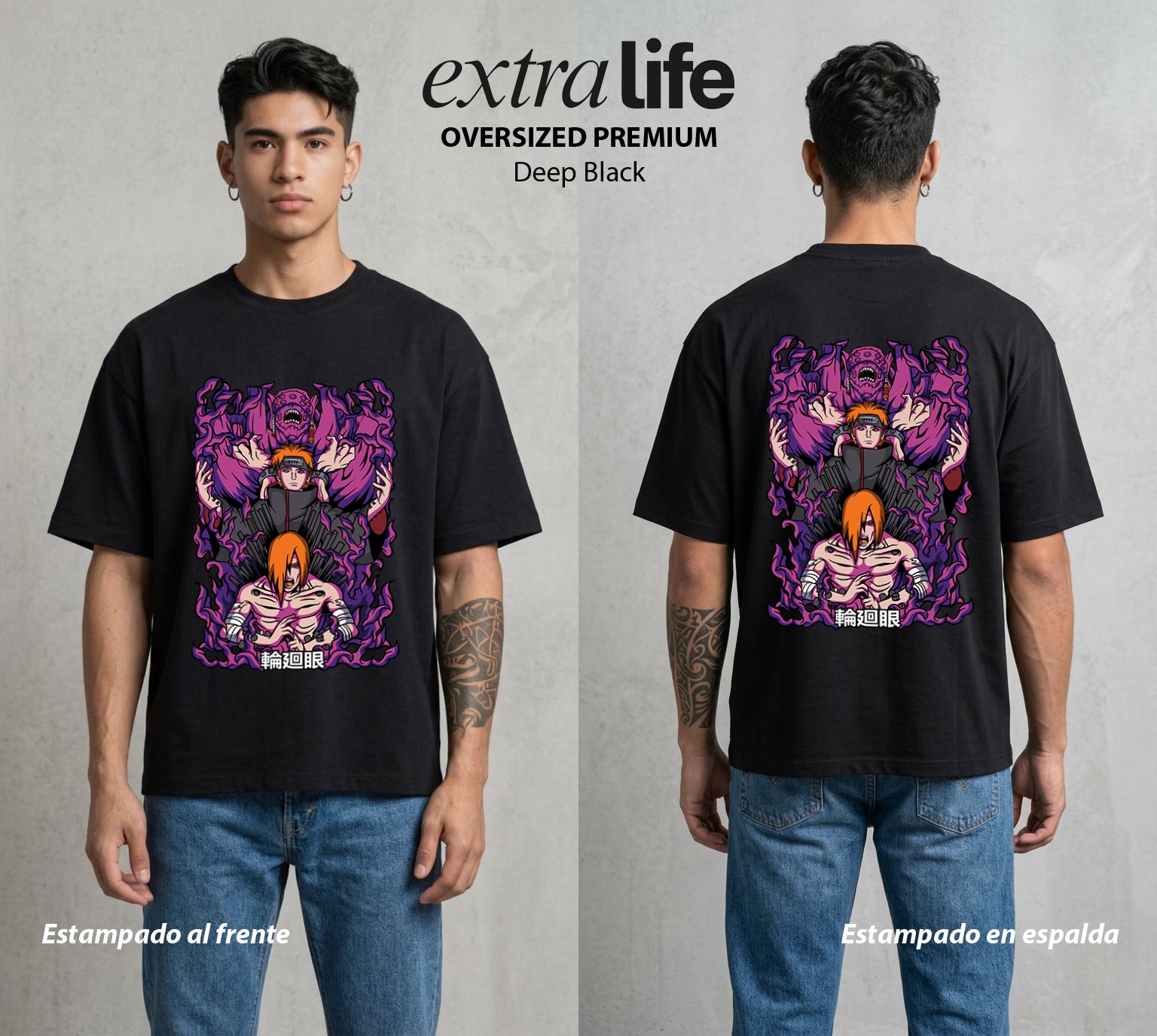 La Aldea Oculta | Zorro de Nueve Colas #02772 - Playera Oversized Premium | Deep Black - Foto en modelo