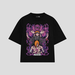 Playera streetwear premium de anime y gaming ExtraLife MX, corte boxy oversized drop shoulder heavyweight en color Deep Black y Off-White, moda urbana mexicana de culto.