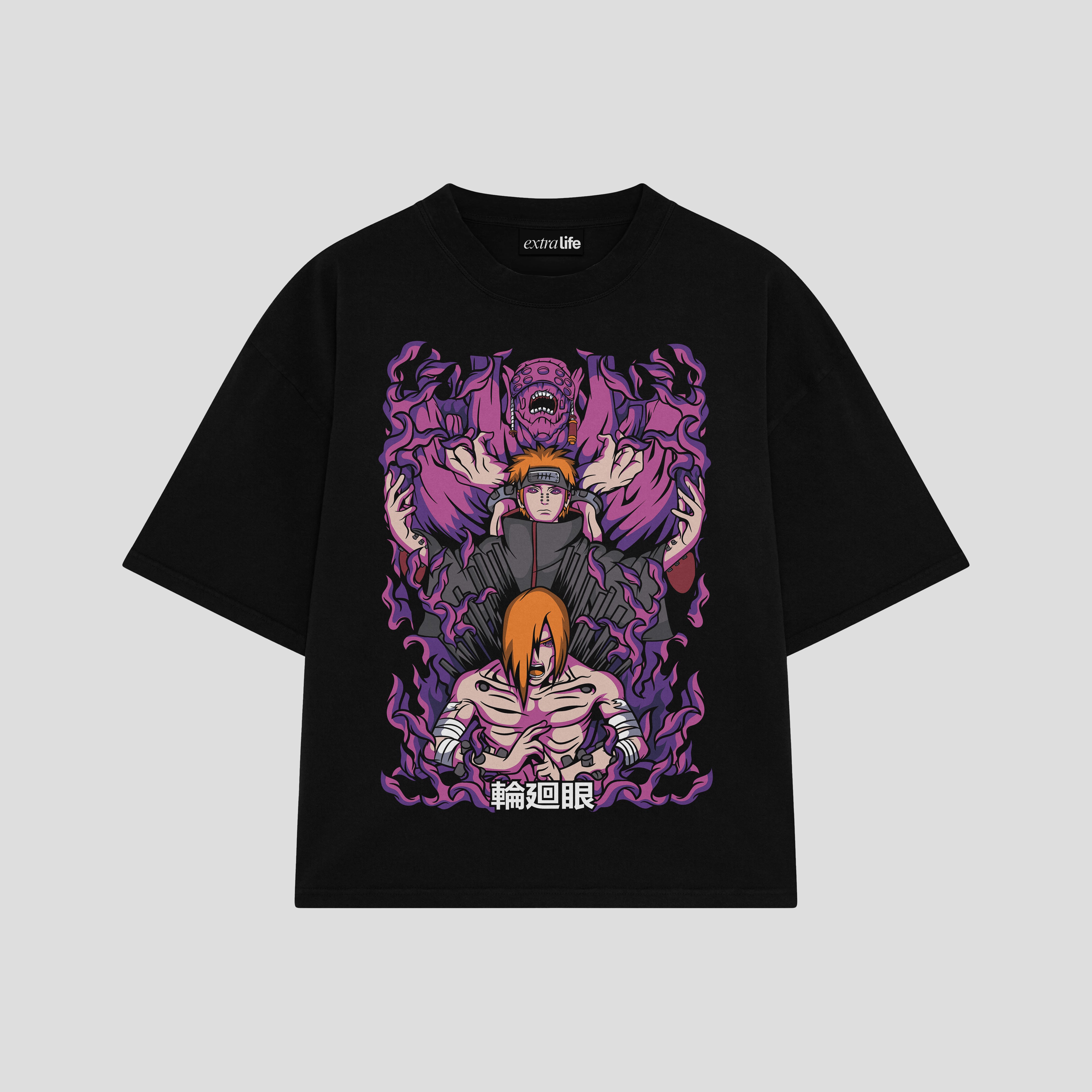Playera streetwear premium de anime y gaming ExtraLife MX, corte boxy oversized drop shoulder heavyweight en color Deep Black y Off-White, moda urbana mexicana de culto.