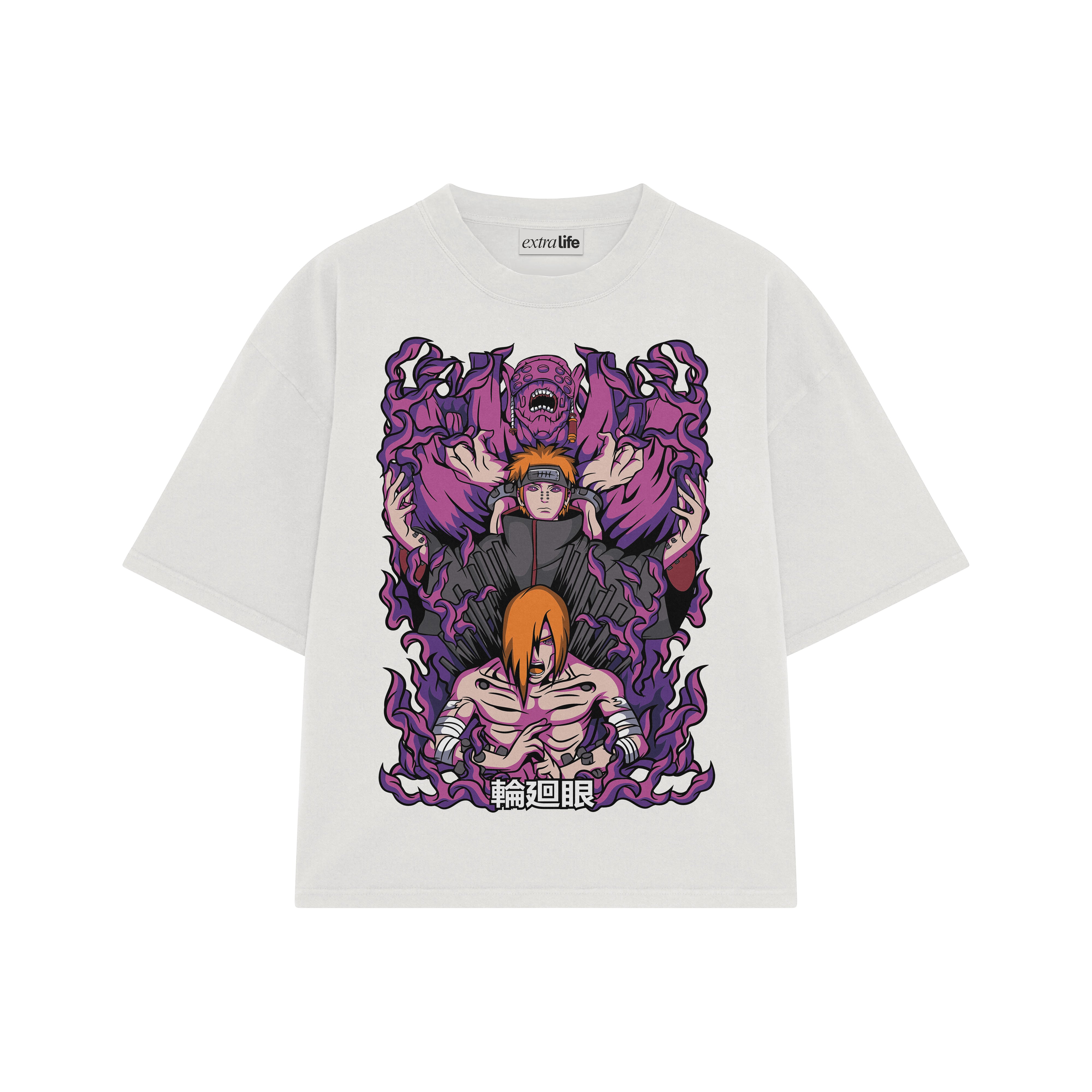 Playera streetwear premium de anime y gaming ExtraLife MX, corte boxy oversized drop shoulder heavyweight en color Deep Black y Off-White, moda urbana mexicana de culto.