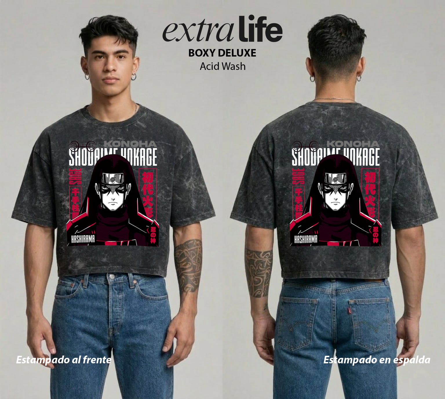 Playera streetwear premium de anime y gaming ExtraLife MX, corte boxy deluxe mineral wash heavyweight en color Acid Wash, moda urbana mexicana de culto.