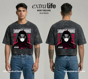 Playera streetwear premium de anime y gaming ExtraLife MX, corte boxy deluxe mineral wash heavyweight en color Acid Wash, moda urbana mexicana de culto.