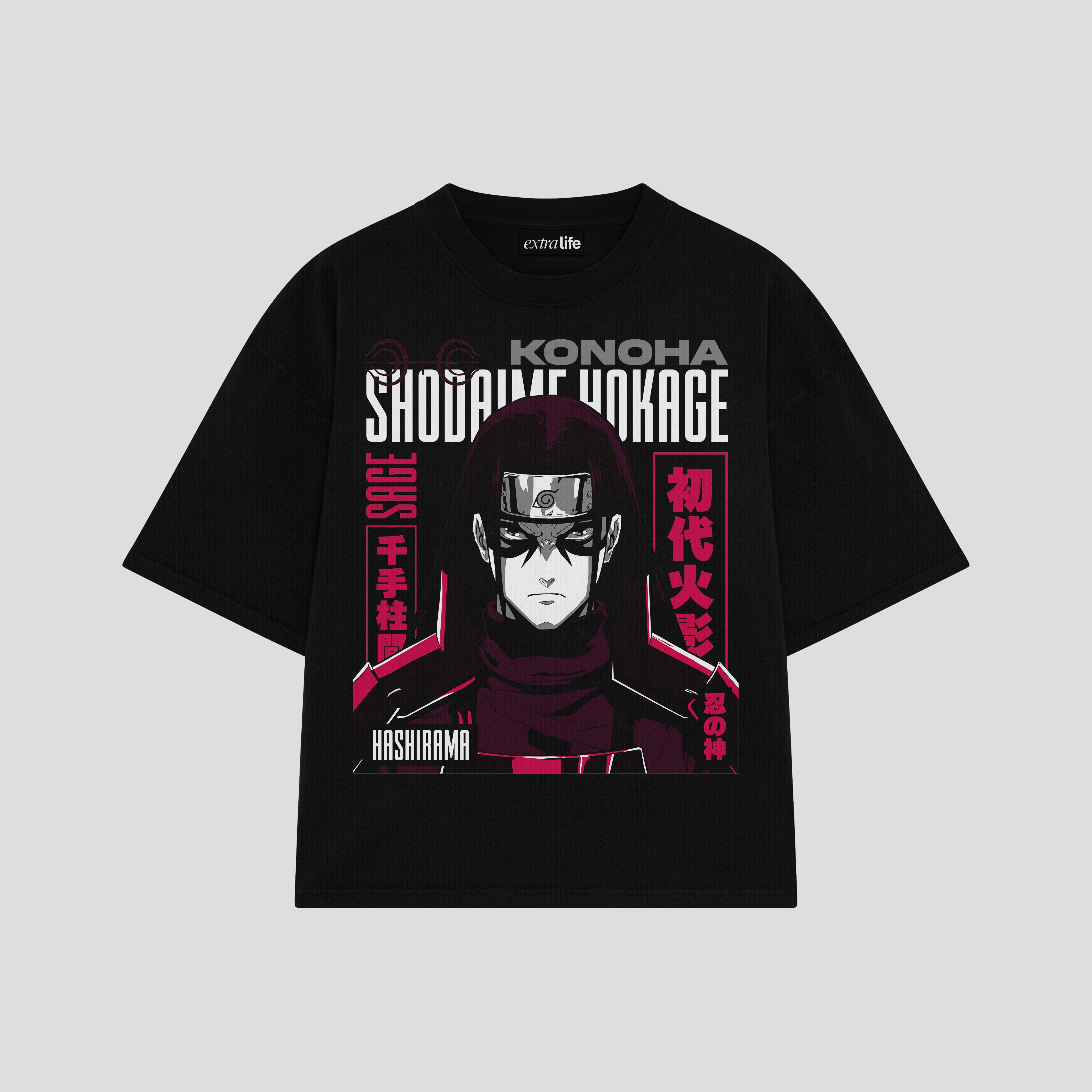 Playera streetwear premium de anime y gaming ExtraLife MX, corte boxy oversized drop shoulder heavyweight en color Deep Black y Off-White, moda urbana mexicana de culto.