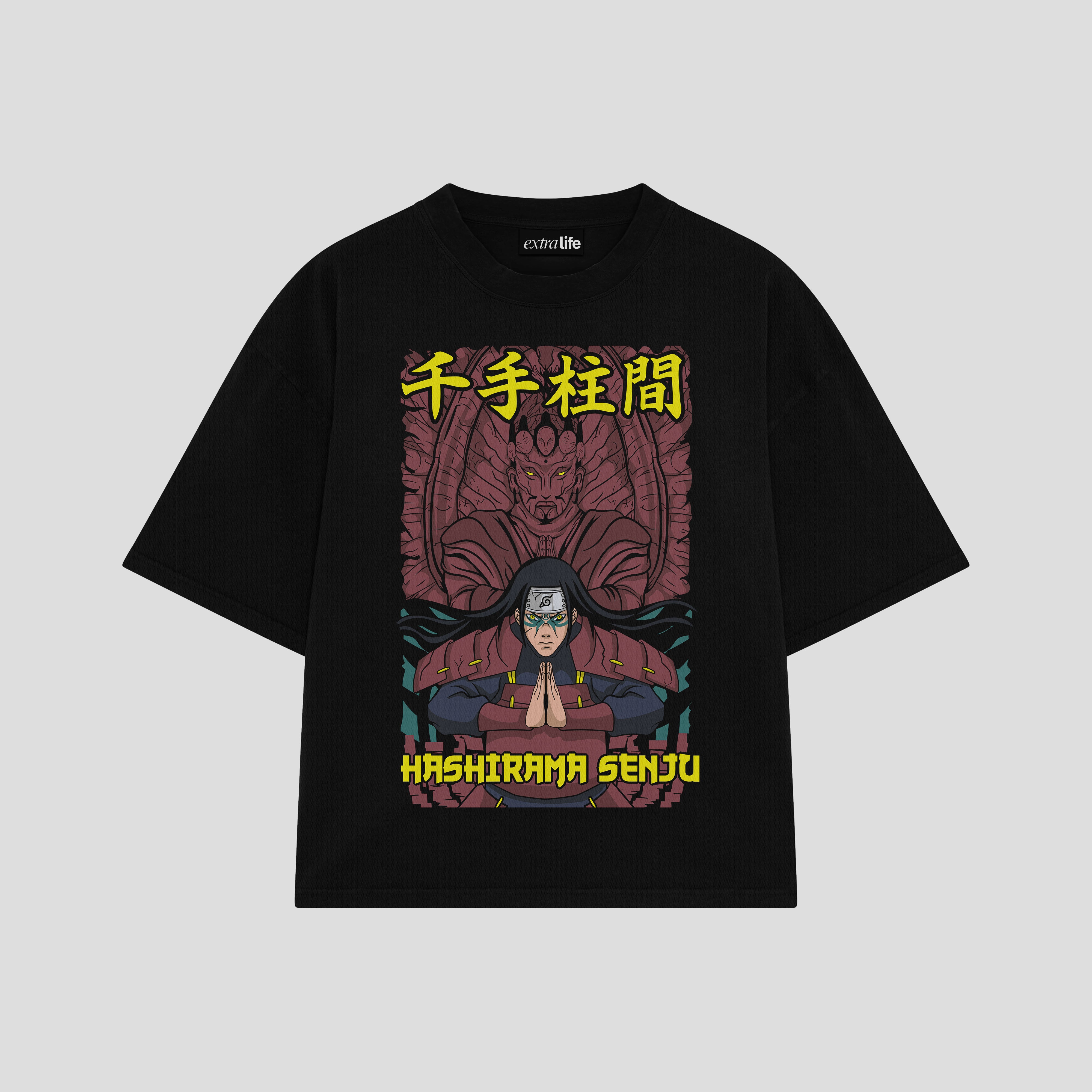 Playera streetwear premium de anime y gaming ExtraLife MX, corte boxy oversized drop shoulder heavyweight en color Deep Black y Off-White, moda urbana mexicana de culto.
