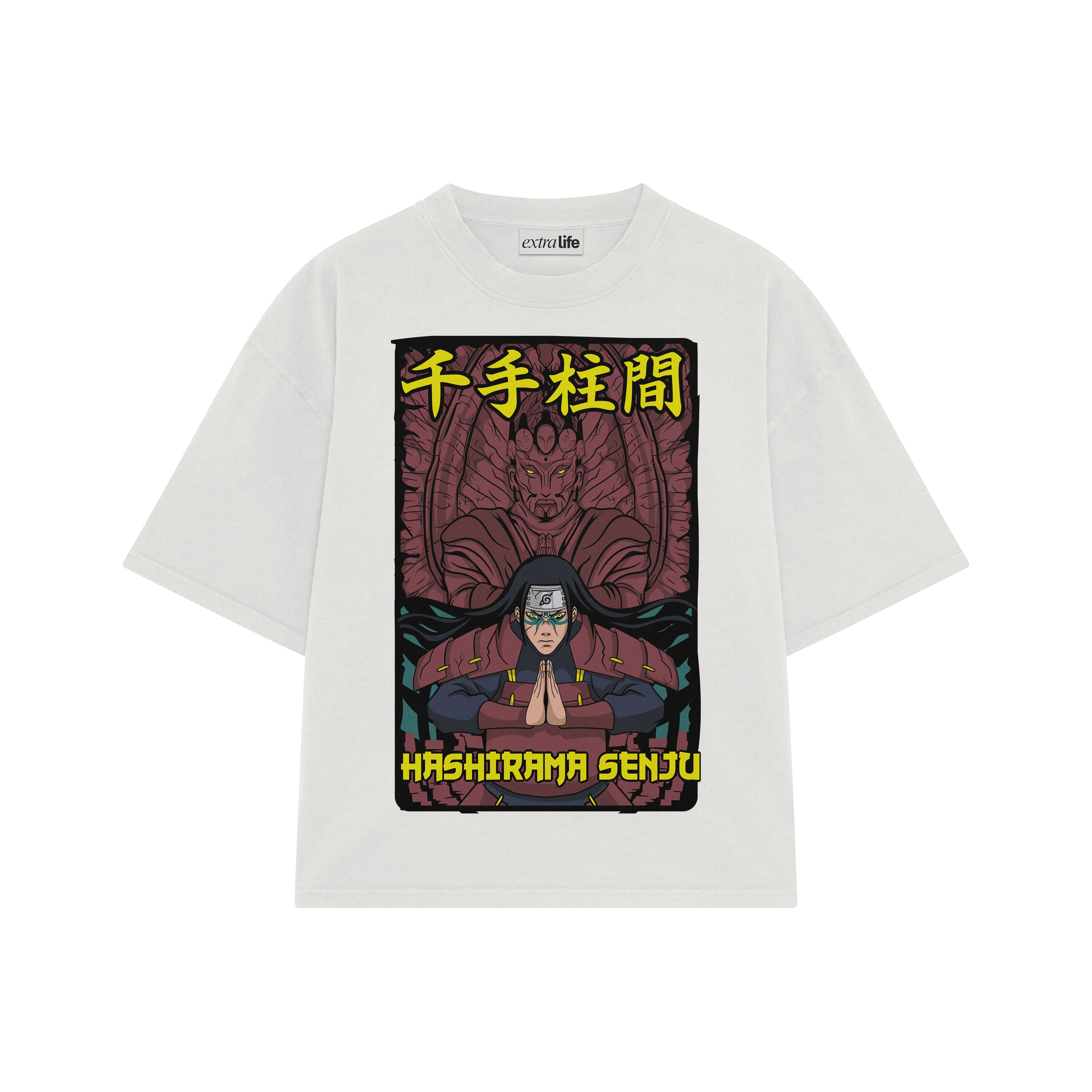 Playera streetwear premium de anime y gaming ExtraLife MX, corte boxy oversized drop shoulder heavyweight en color Deep Black y Off-White, moda urbana mexicana de culto.