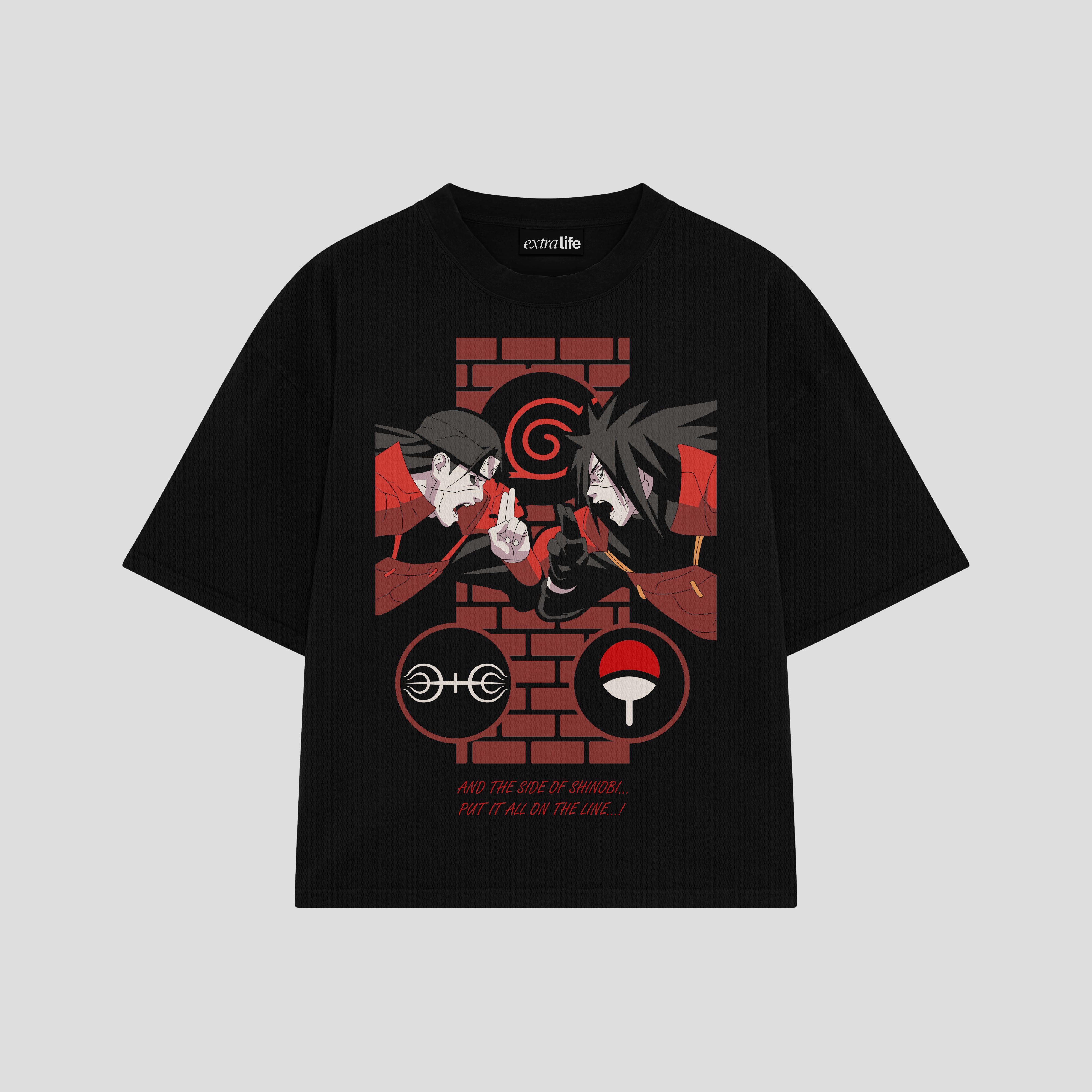 Playera streetwear premium de anime y gaming ExtraLife MX, corte boxy oversized drop shoulder heavyweight en color Deep Black y Off-White, moda urbana mexicana de culto.