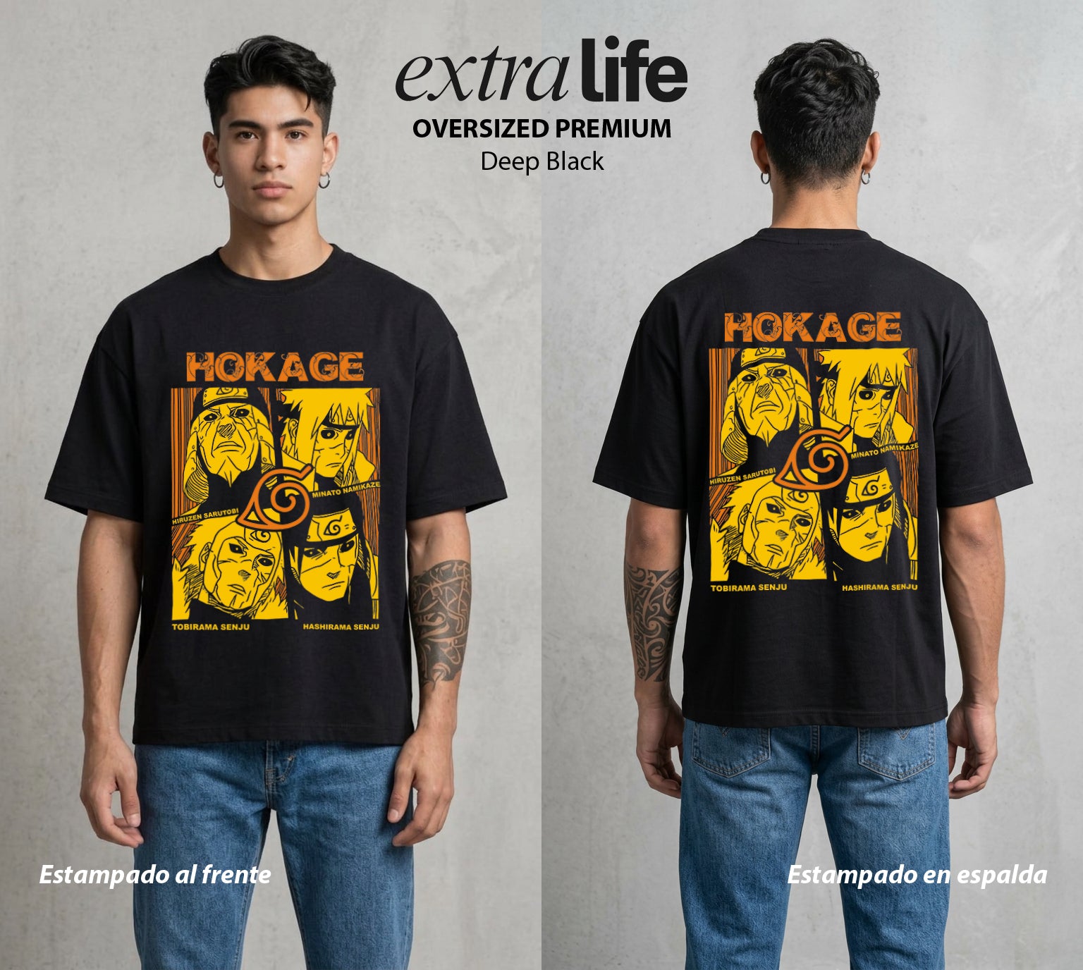La Aldea Oculta | Zorro de Nueve Colas #02781 - Playera Oversized Premium | Deep Black - Foto en modelo