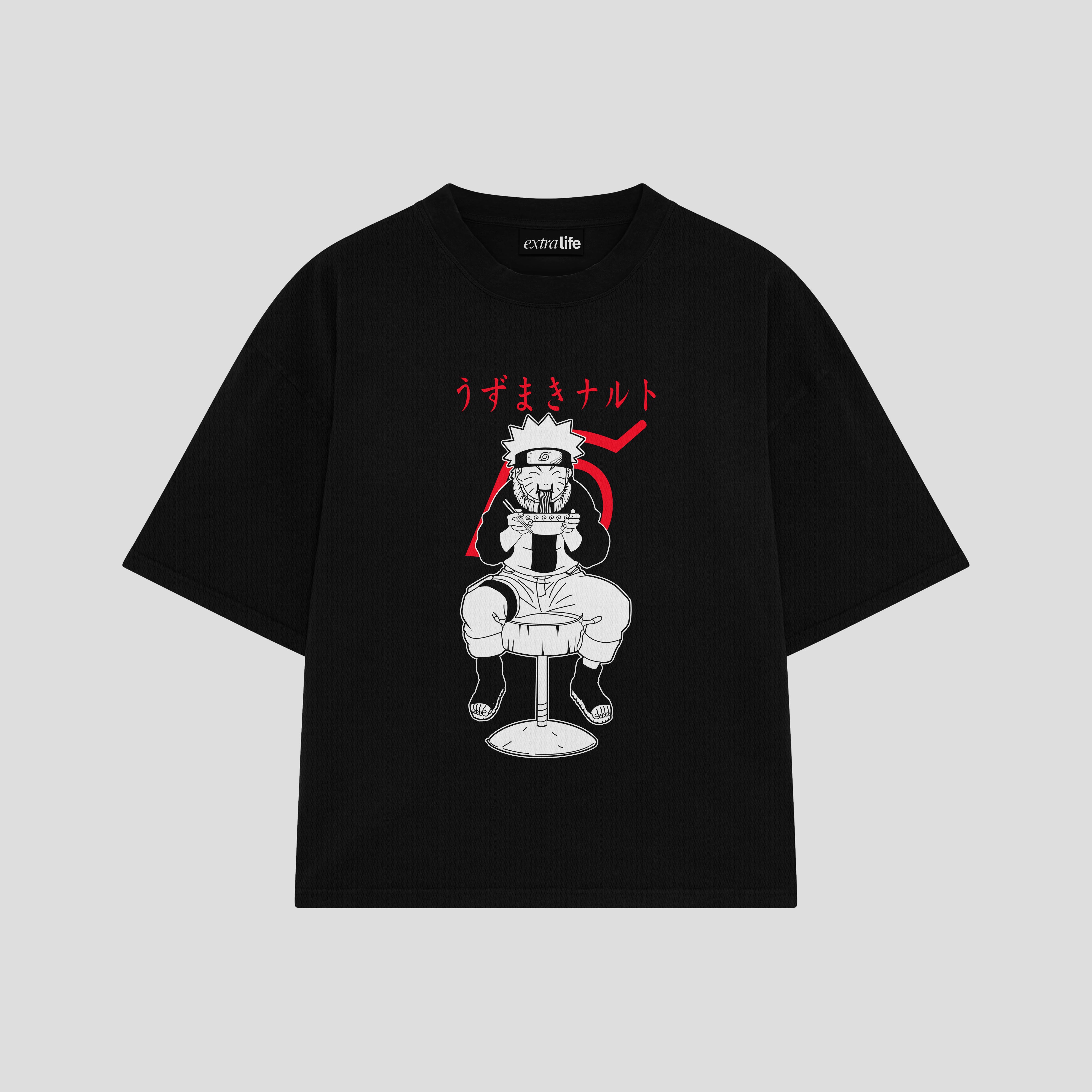 Playera streetwear premium de anime y gaming ExtraLife MX, corte boxy oversized drop shoulder heavyweight en color Deep Black y Off-White, moda urbana mexicana de culto.