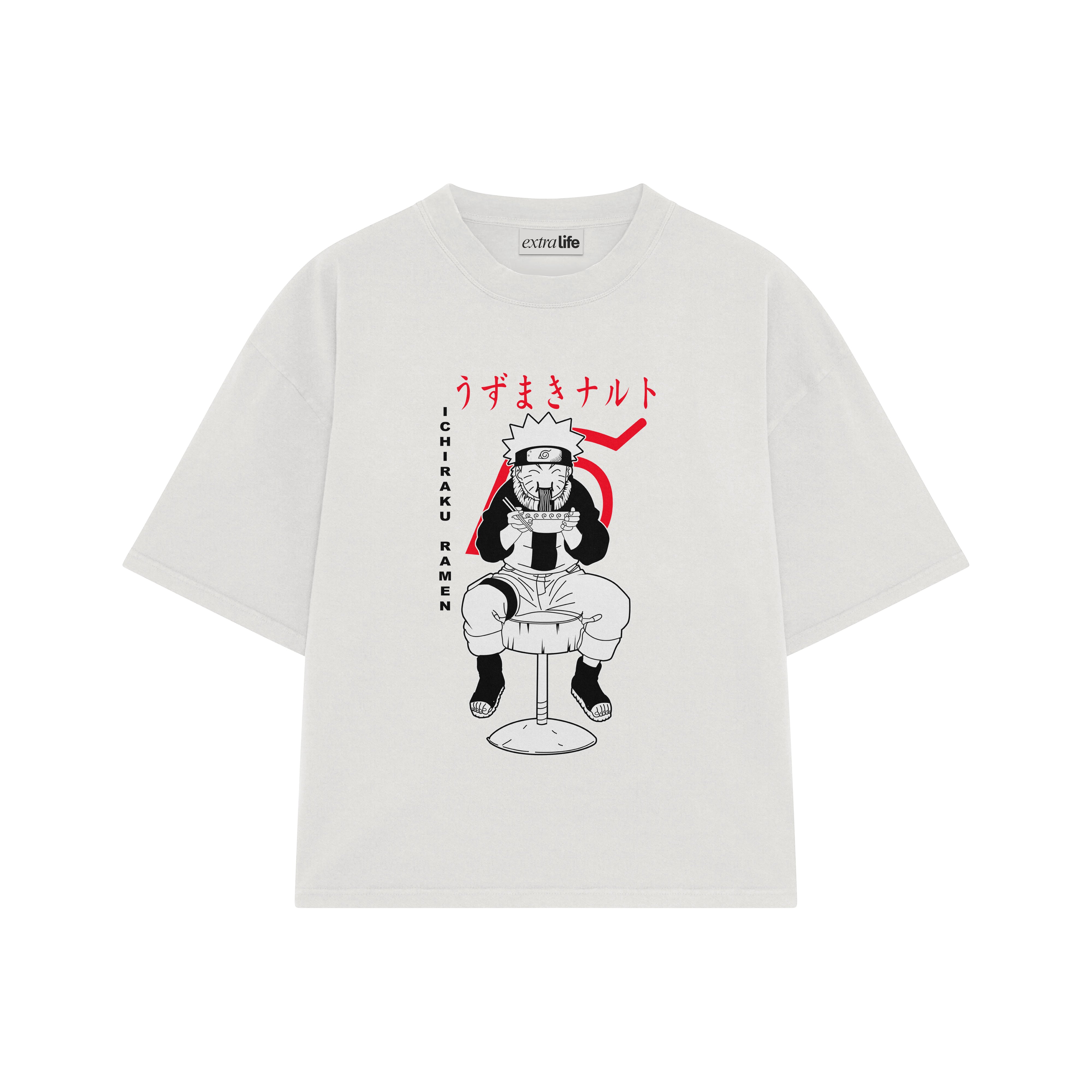 Playera streetwear premium de anime y gaming ExtraLife MX, corte boxy oversized drop shoulder heavyweight en color Deep Black y Off-White, moda urbana mexicana de culto.