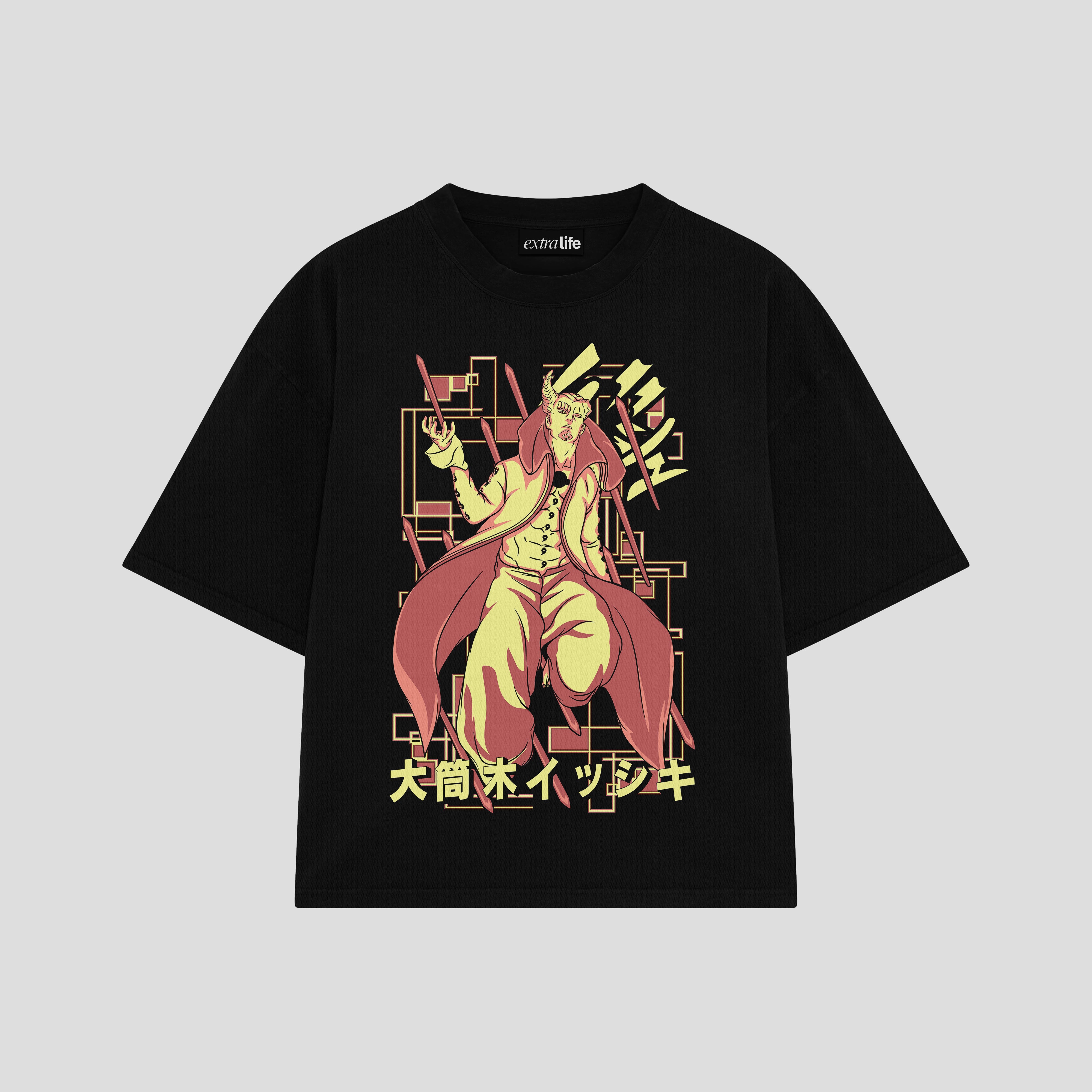 Playera streetwear premium de anime y gaming ExtraLife MX, corte boxy oversized drop shoulder heavyweight en color Deep Black y Off-White, moda urbana mexicana de culto.