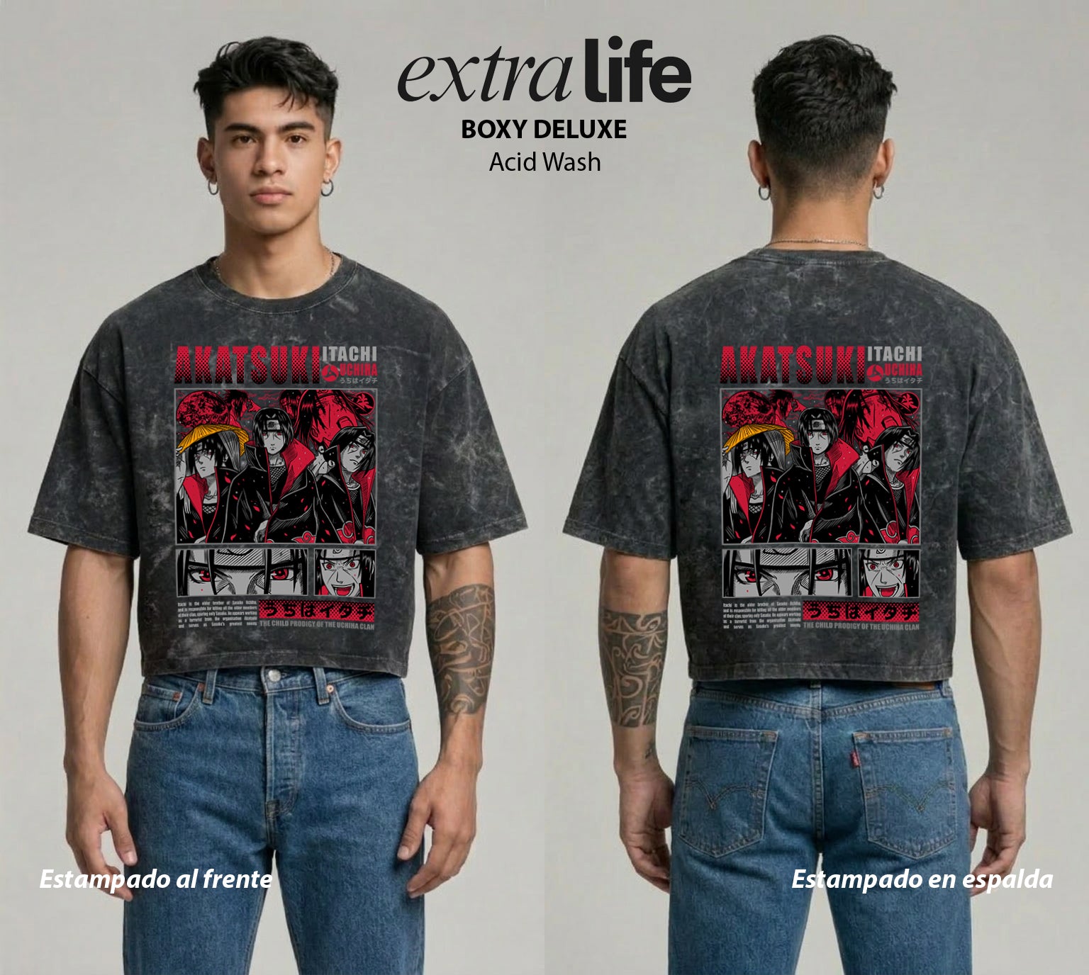 Playera streetwear premium de anime y gaming ExtraLife MX, corte boxy deluxe mineral wash heavyweight en color Acid Wash, moda urbana mexicana de culto.
