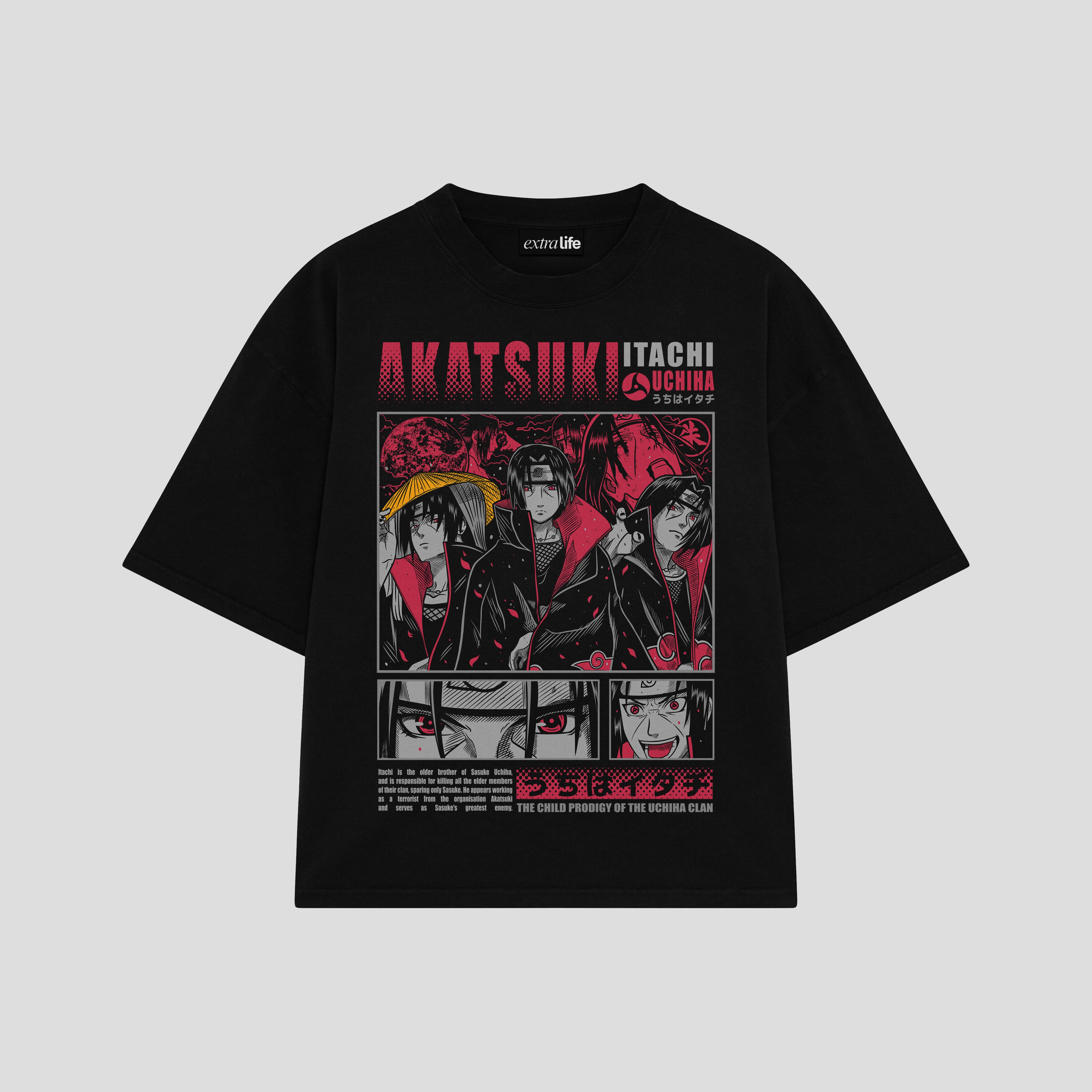Playera streetwear premium de anime y gaming ExtraLife MX, corte boxy oversized drop shoulder heavyweight en color Deep Black y Off-White, moda urbana mexicana de culto.