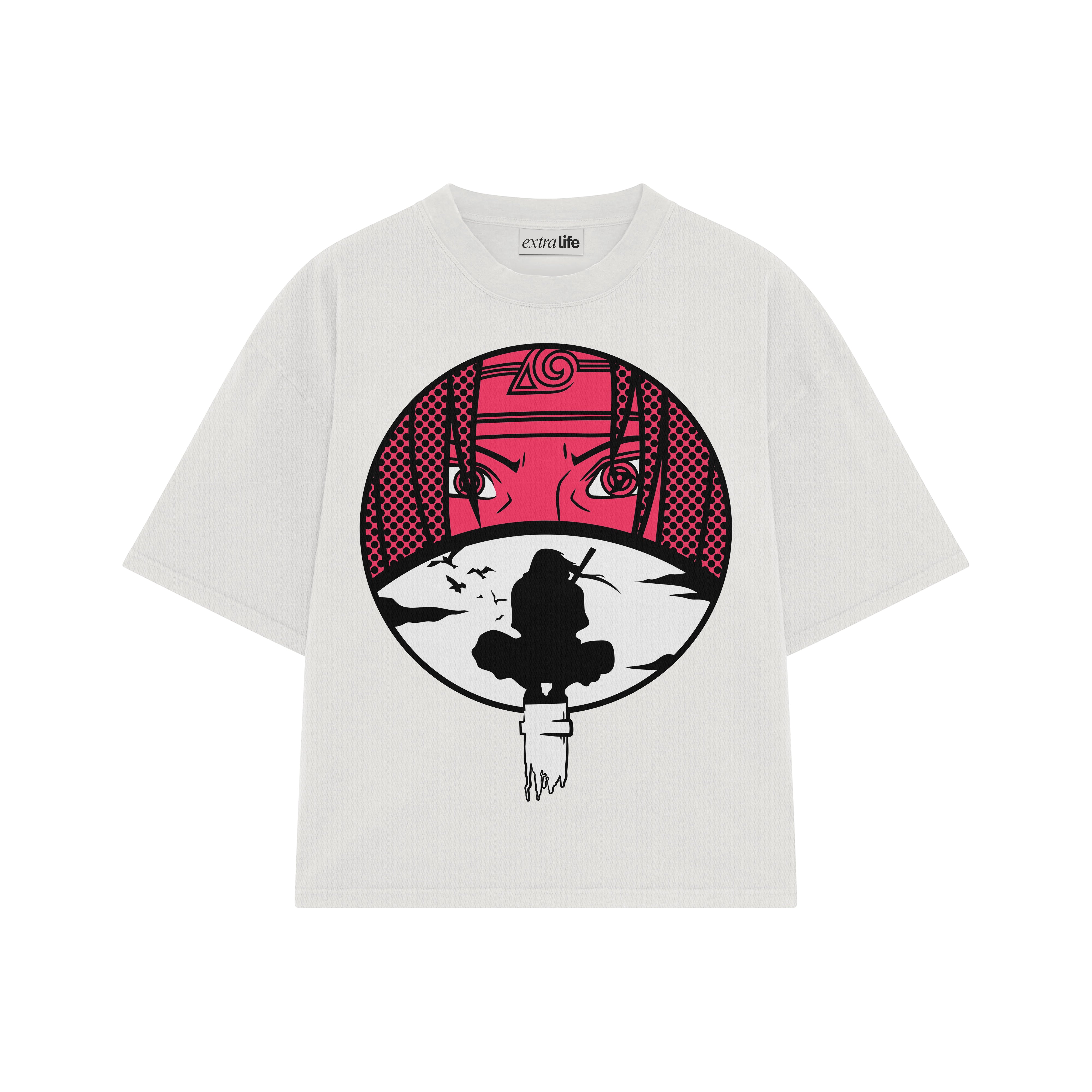 Playera streetwear premium de anime y gaming ExtraLife MX, corte boxy oversized drop shoulder heavyweight en color Deep Black y Off-White, moda urbana mexicana de culto.