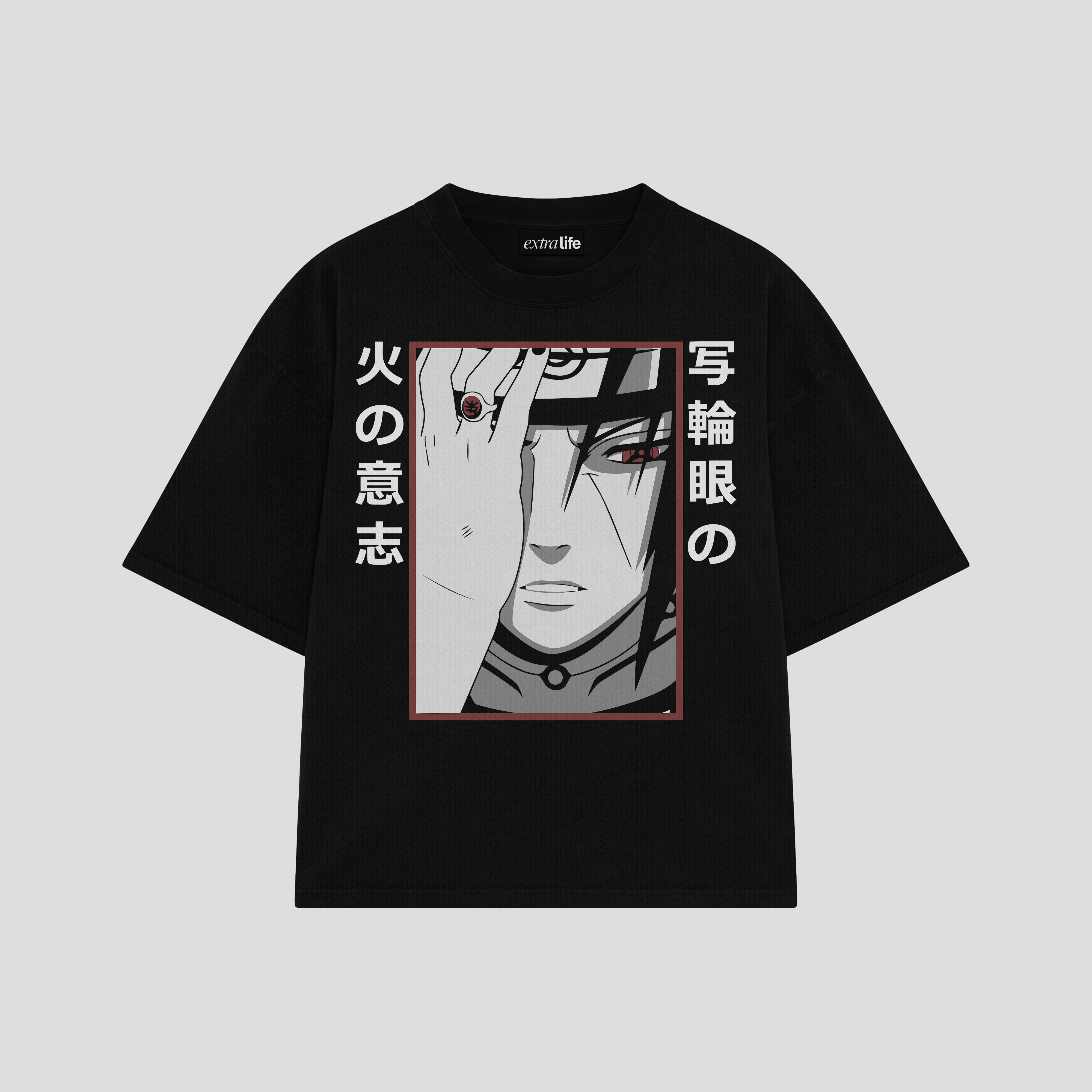 Playera streetwear premium de anime y gaming ExtraLife MX, corte boxy oversized drop shoulder heavyweight en color Deep Black y Off-White, moda urbana mexicana de culto.
