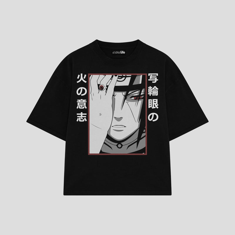Playera streetwear premium de anime y gaming ExtraLife MX, corte boxy oversized drop shoulder heavyweight en color Deep Black y Off-White, moda urbana mexicana de culto.
