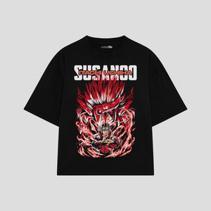 Playera streetwear premium de anime y gaming ExtraLife MX, corte boxy oversized drop shoulder heavyweight en color Deep Black y Off-White, moda urbana mexicana de culto.