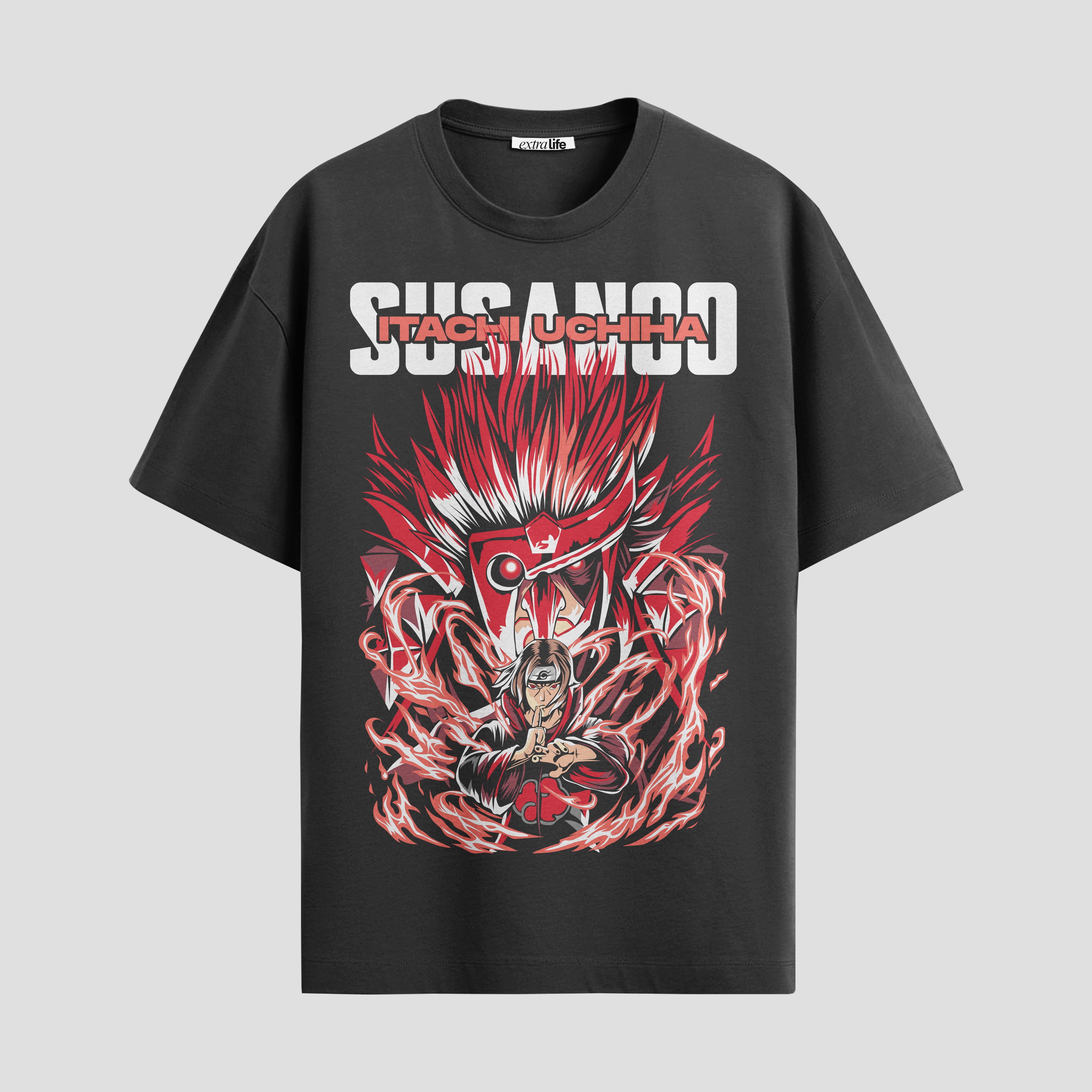 Playera urbana de anime y gaming ExtraLife MX, corte Standard Fit unisex ligero y transpirable en color Deep Black y Pure White, ropa de uso diario para gym y casual.