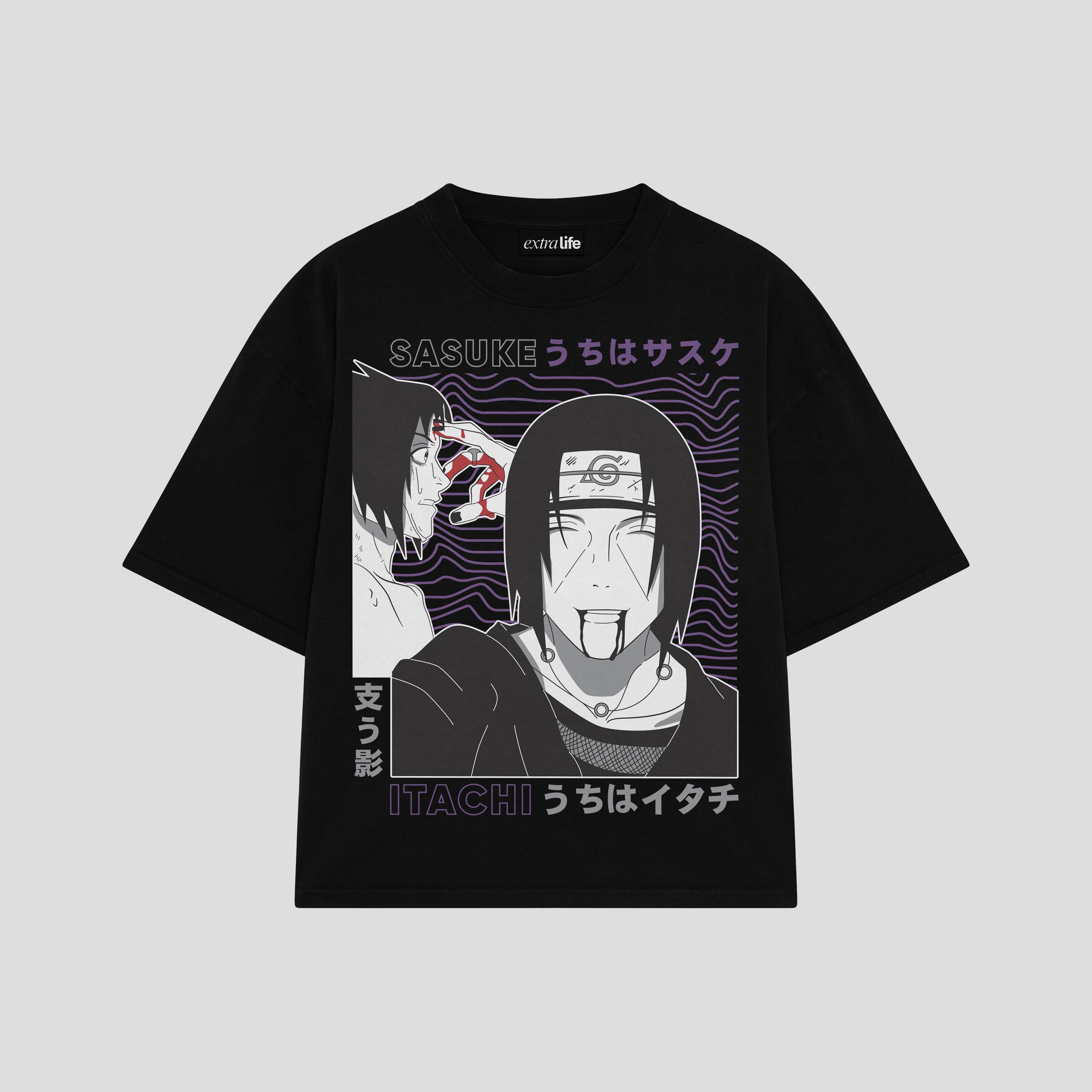 Playera streetwear premium de anime y gaming ExtraLife MX, corte boxy oversized drop shoulder heavyweight en color Deep Black y Off-White, moda urbana mexicana de culto.