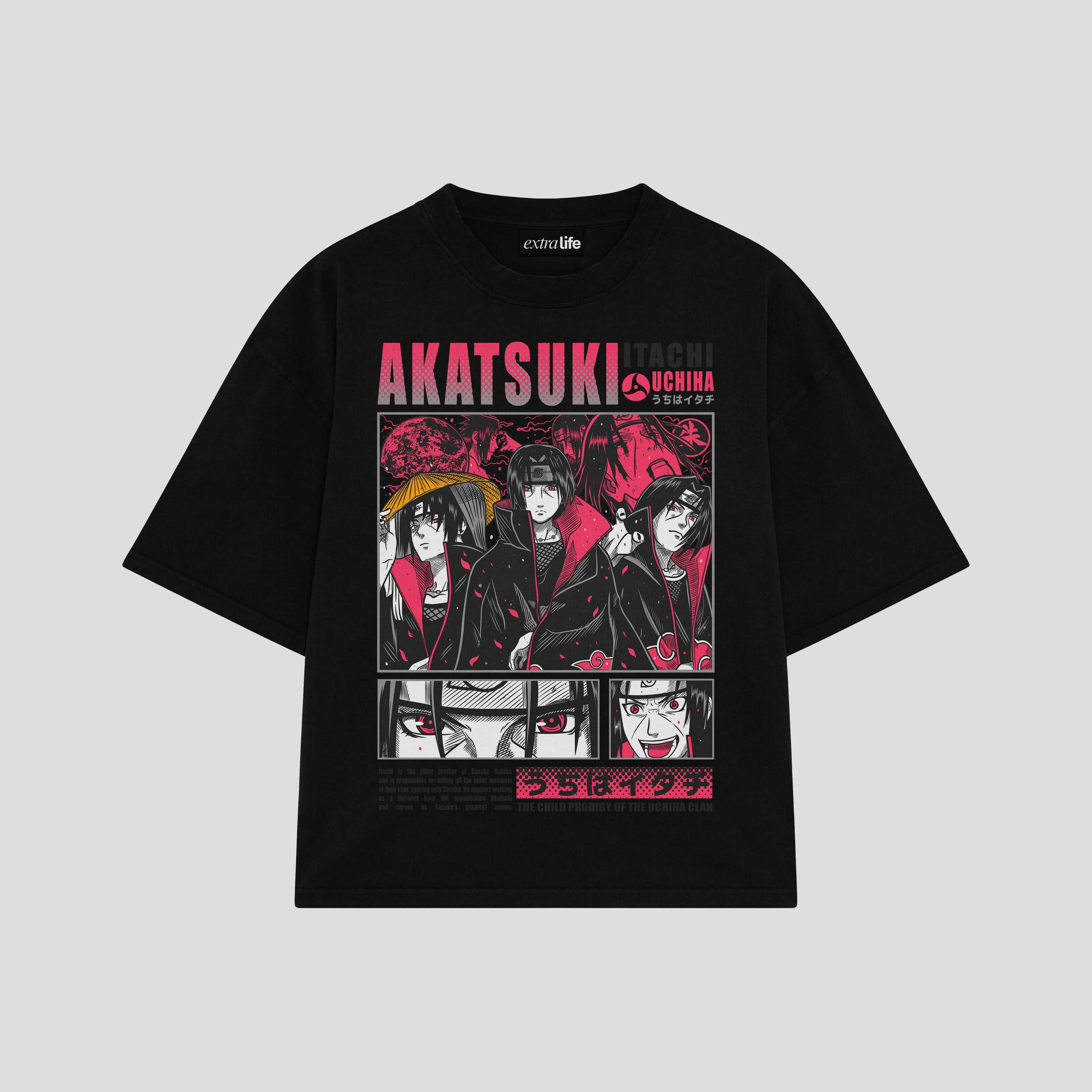 Playera streetwear premium de anime y gaming ExtraLife MX, corte boxy oversized drop shoulder heavyweight en color Deep Black y Off-White, moda urbana mexicana de culto.