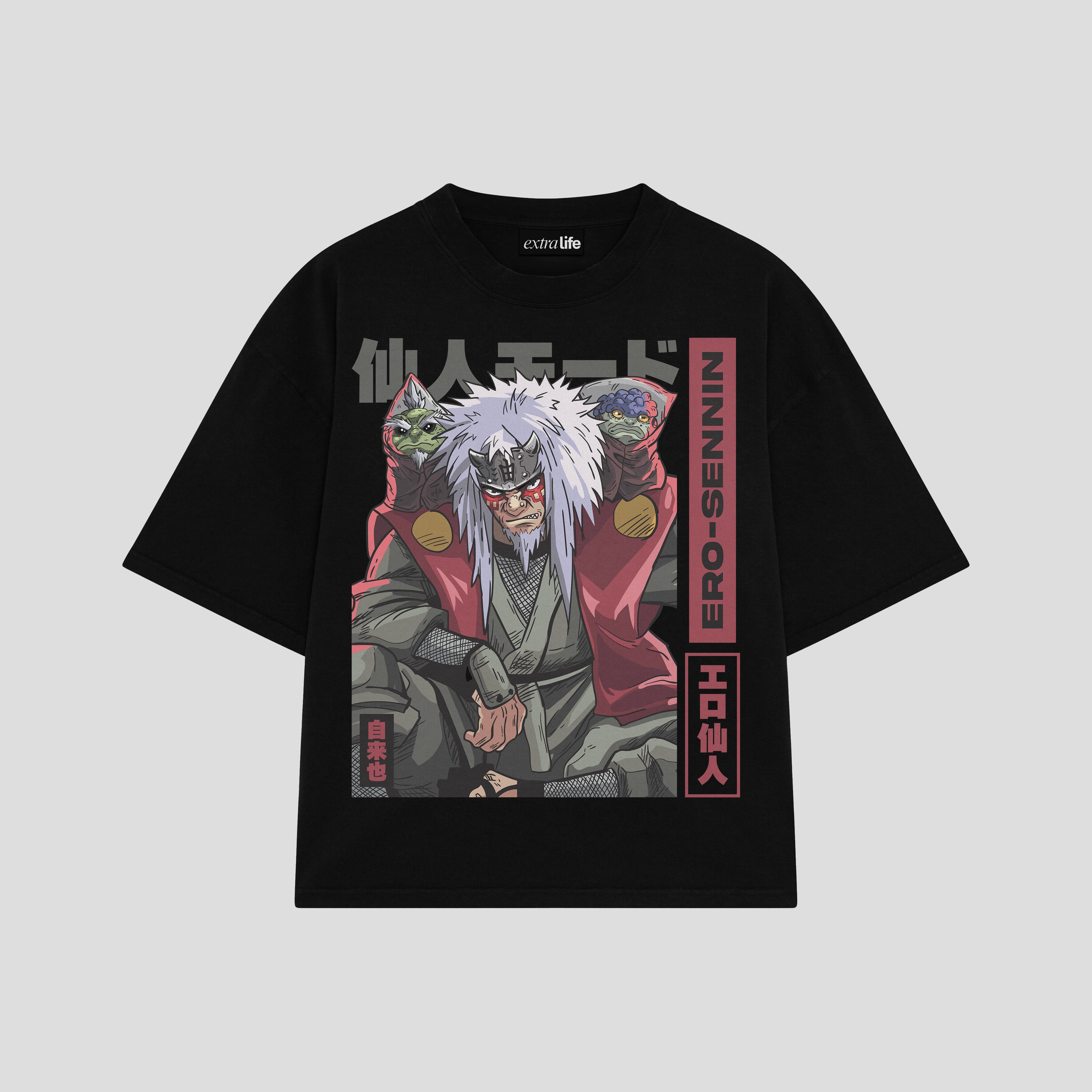Playera streetwear premium de anime y gaming ExtraLife MX, corte boxy oversized drop shoulder heavyweight en color Deep Black y Off-White, moda urbana mexicana de culto.