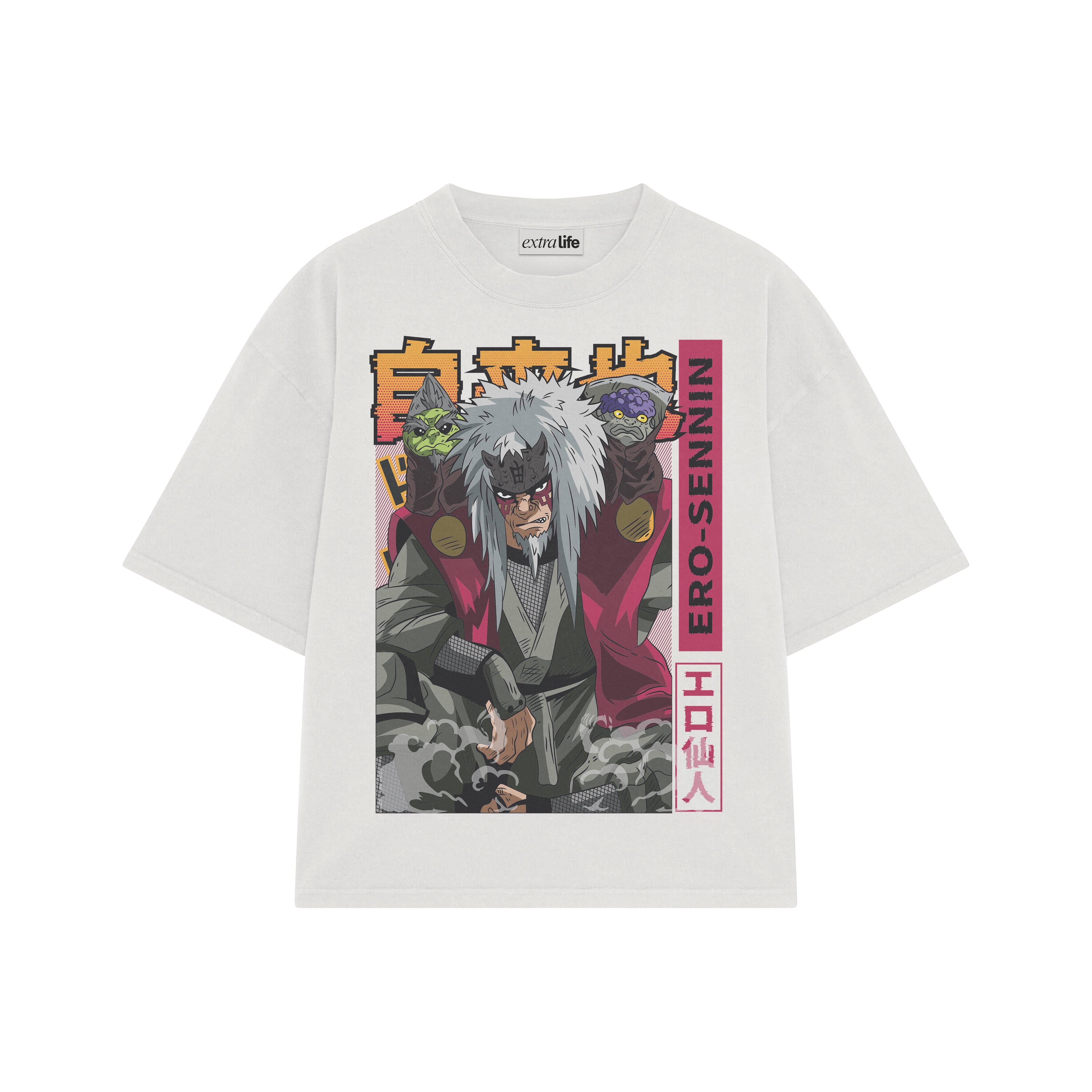 Playera streetwear premium de anime y gaming ExtraLife MX, corte boxy oversized drop shoulder heavyweight en color Deep Black y Off-White, moda urbana mexicana de culto.