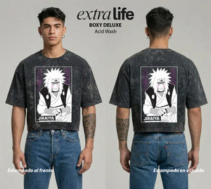 Playera streetwear premium de anime y gaming ExtraLife MX, corte boxy deluxe mineral wash heavyweight en color Acid Wash, moda urbana mexicana de culto.