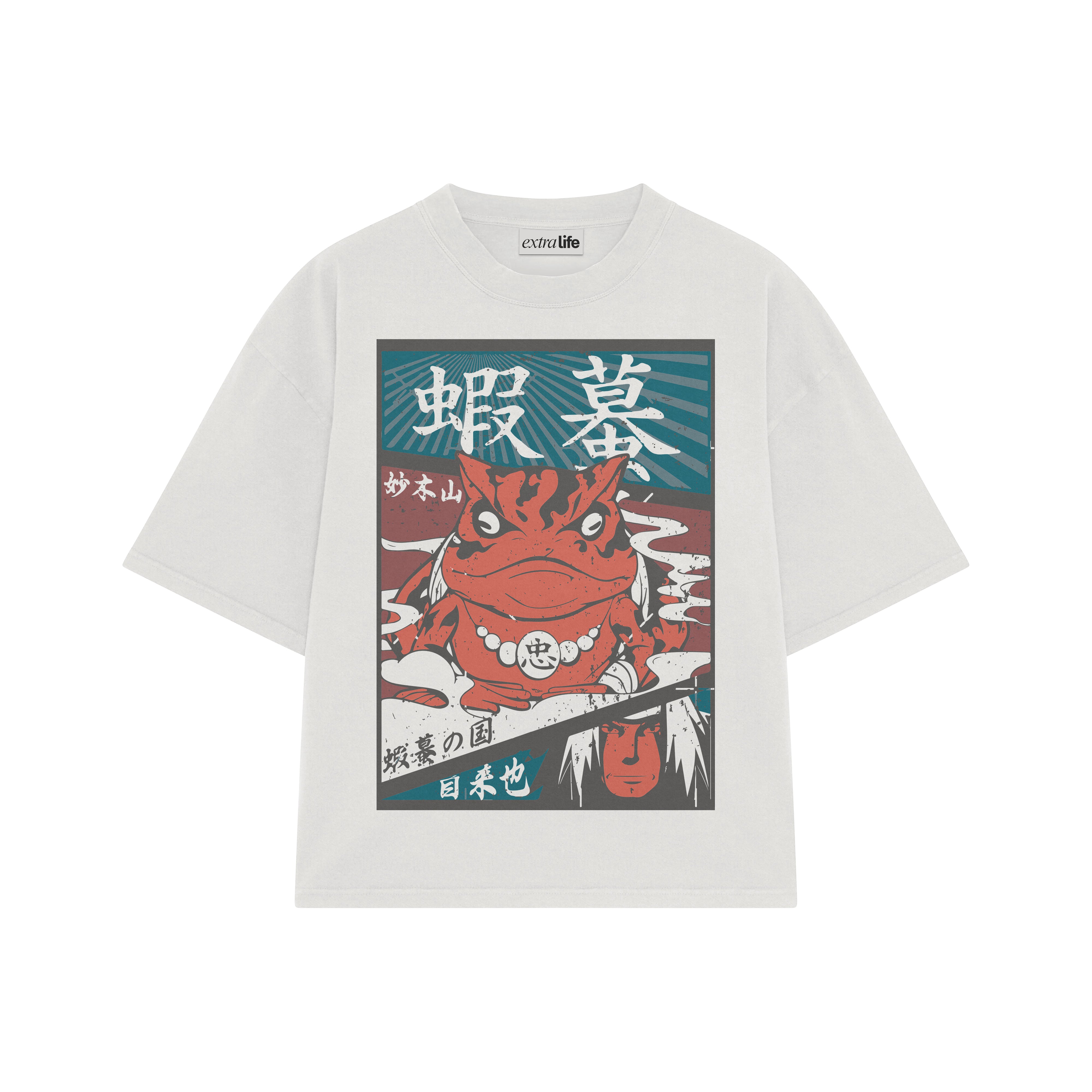 Playera streetwear premium de anime y gaming ExtraLife MX, corte boxy oversized drop shoulder heavyweight en color Deep Black y Off-White, moda urbana mexicana de culto.