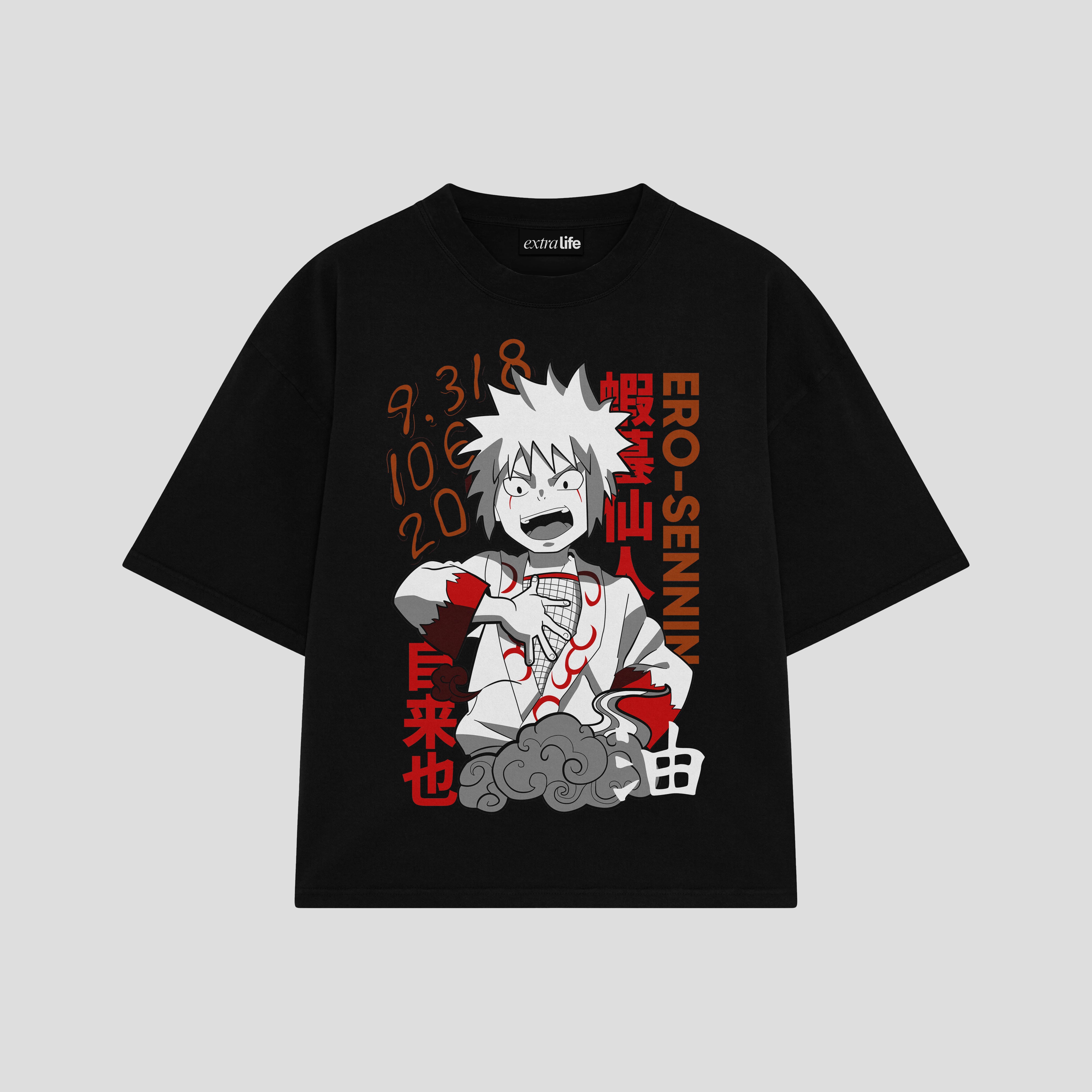 Playera streetwear premium de anime y gaming ExtraLife MX, corte boxy oversized drop shoulder heavyweight en color Deep Black y Off-White, moda urbana mexicana de culto.