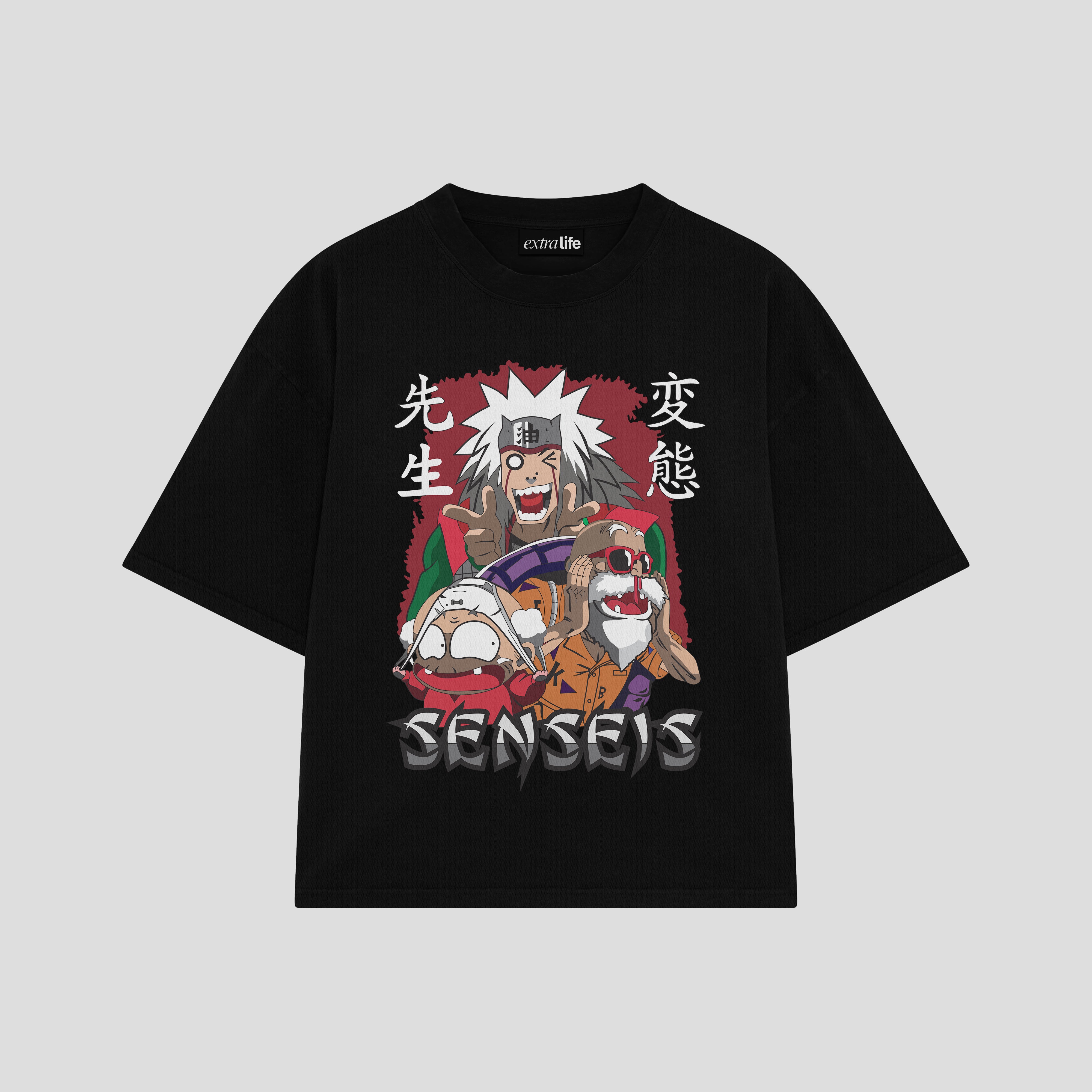 Playera streetwear premium de anime y gaming ExtraLife MX, corte boxy oversized drop shoulder heavyweight en color Deep Black y Off-White, moda urbana mexicana de culto.